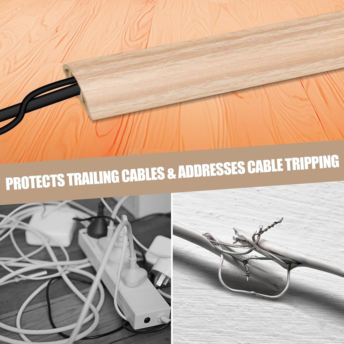 Floor Cord Cover Self Adhesive Cord Hider,10FT Cable Management, Extension Strip Protector for Wires, Prevent Cable Trips for Offices, Gyms, Exhibitions Cavity:0.47"(W) x0.35(H) WoodLightyellow