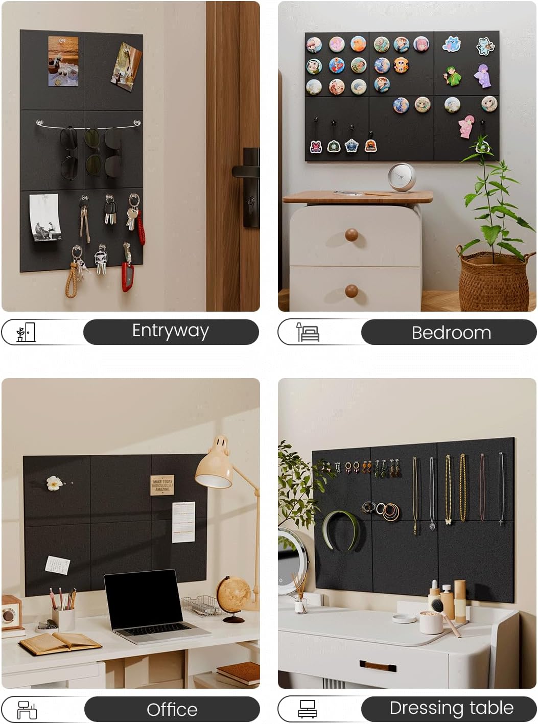 Felt Bulletin Board Tiles -28"x18" Cork Board Alternative for Office Decor, Push Pin Board Wall Organizer 6-Pack - Black