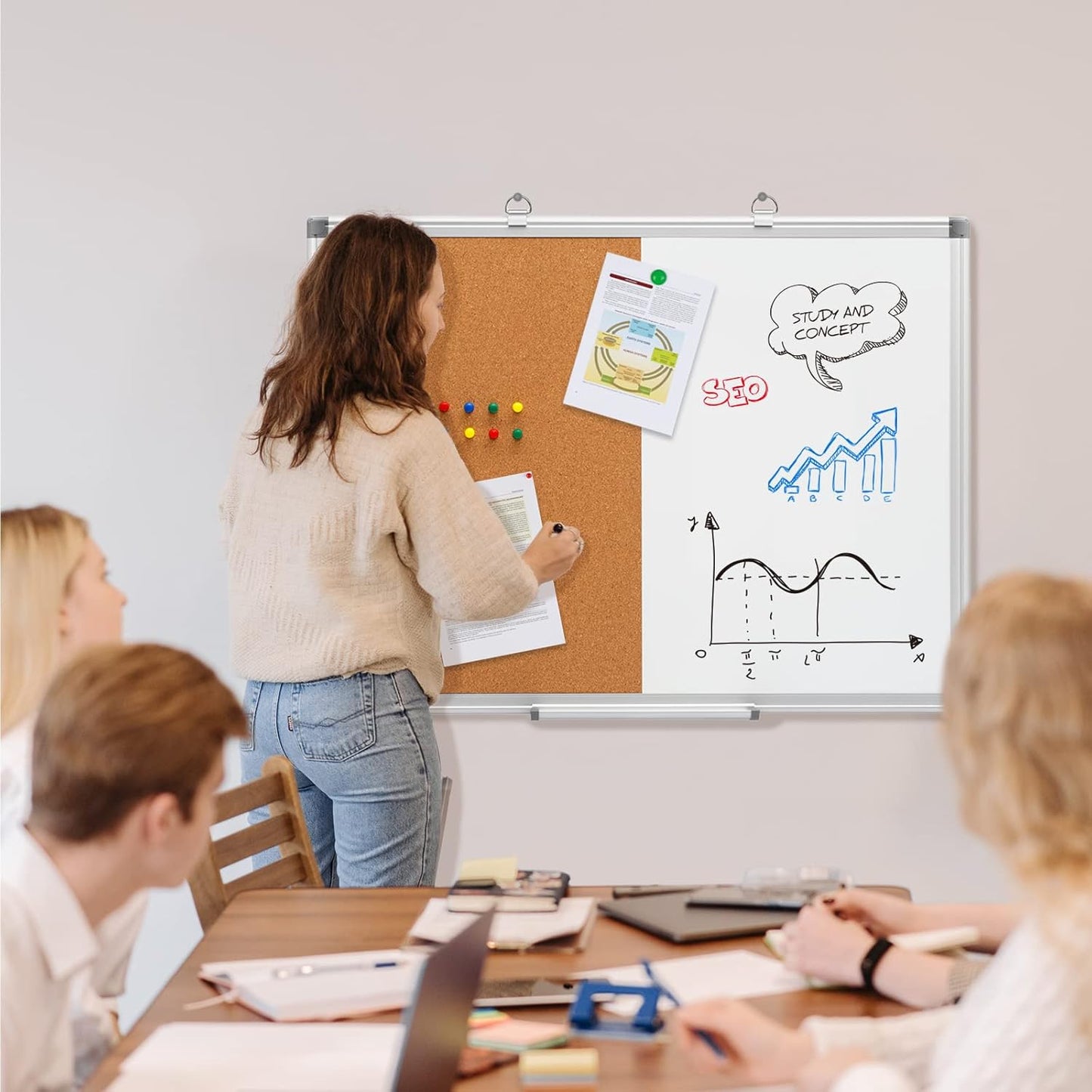 Comix Cork Board Magnetic Dry Erase Board Combo, 24 x 18 Inches Whiteboard and Bulletin Board Combination, Aluminum Frame Vision Board with 4 Dry Erase Markers, 4 Magnets, Eraser, Push Pins