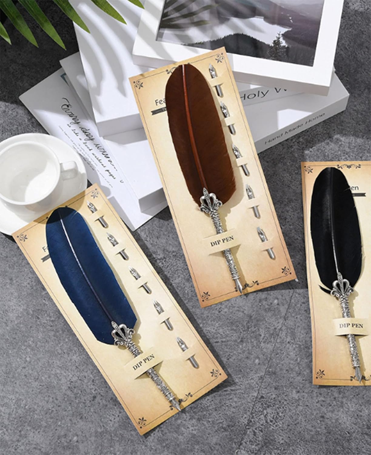 Gullor Calligraphy Feather Quill Pen and 5 Calligraphy Nibs for Beginners Kids Calligraphy Writing Quill Dip Pen Set, Black