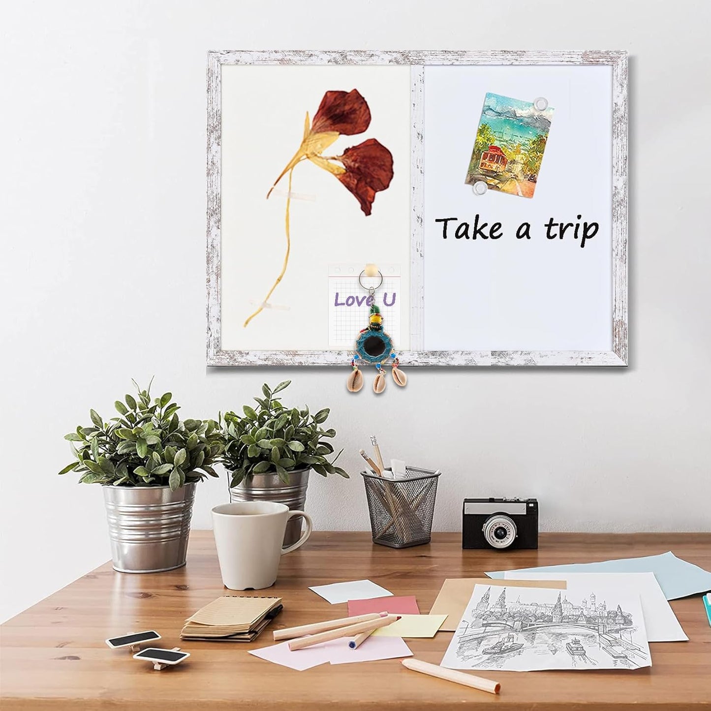 Bulletin Board Whiteboard White Felt Board Combo for Office School Kitchen Bedroom, White Wood Frame,17.7"*23.6",Whiteboard+WH-4560WH