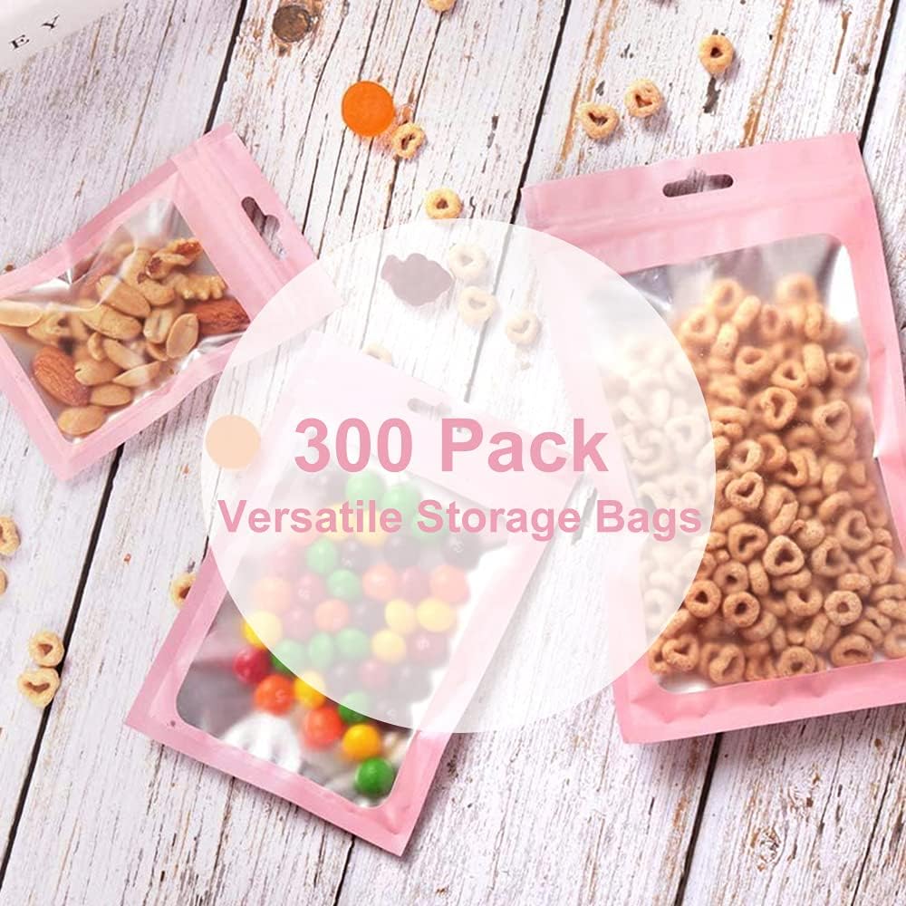 300 Pack 3 Sizes Resealable Mylar Bags Food Storage Smell Proof Bags with Front Window Packaging Pouch for Sample Snack Cookies Jewelry (Pink, 3 x 4.7 inch,4 x 6 inch,4.7 x 7.9 inch)