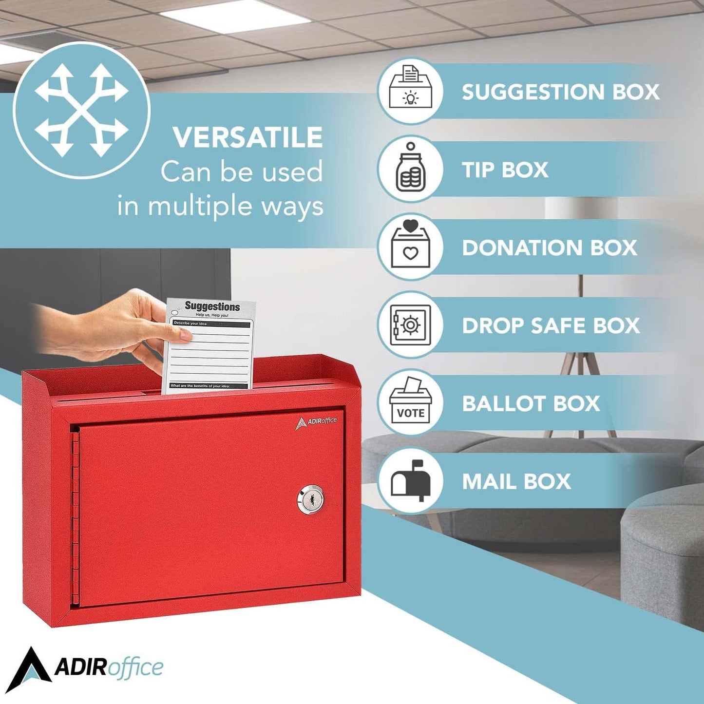 Adir Suggestion Box with Lock and Slot, Wall Mount Deposit Box for Payment and Checks, Office Mail Box for Employees, Money Drop Box with Keys, Drop Safe Box - 9.75x7x3 Inch Red