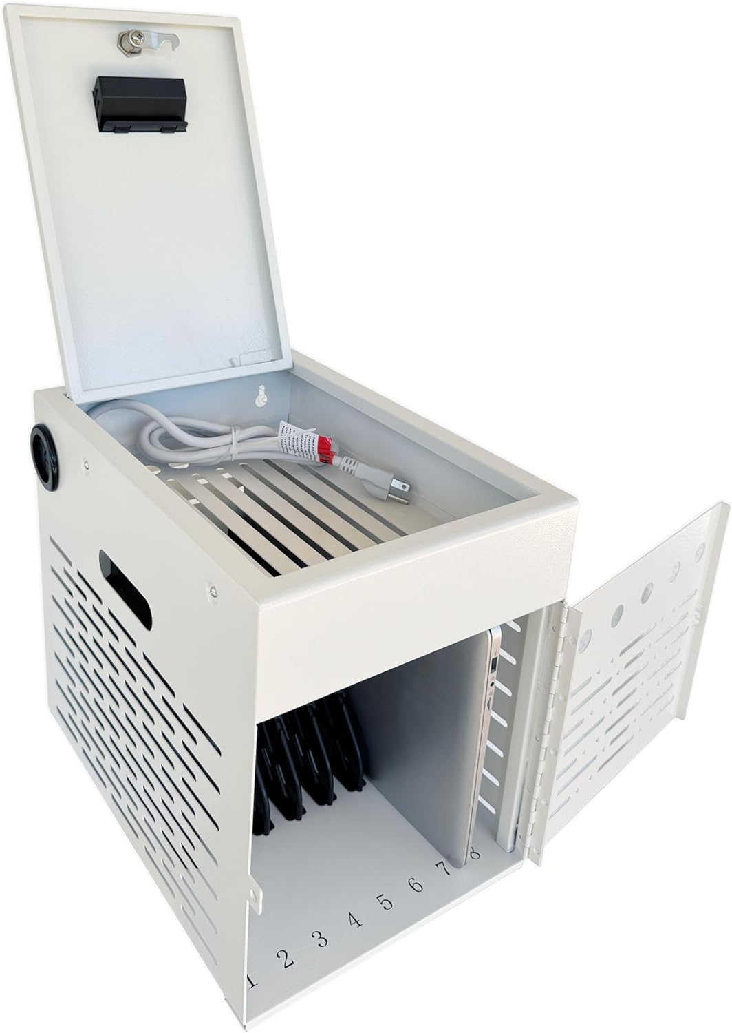 8-Device Tablet Charging Station, Lockable Steel Case Fits 14" Chromebooks, iPads, Laptops & Tablets, Secure Storage with 2 Keys, Ideal for Classrooms, Offices & Hospitals, White