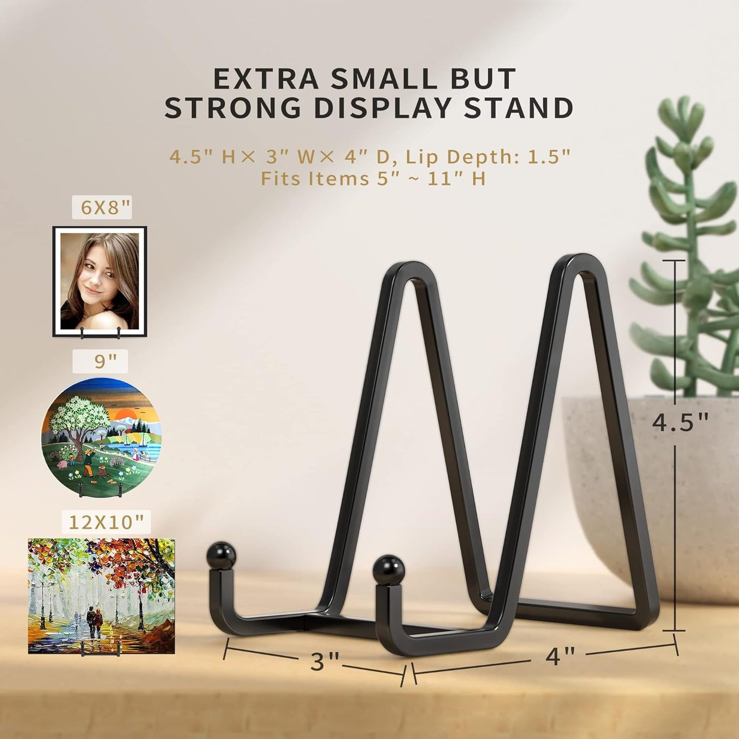 Plate Stands for Display - 4.5 Inch Metal Square Wire Plate Holder Display Stand + Picture Frame Stand Holder Easel for Book, Decorative Plate, Plaque, Photo, Platter (Black 2 Pack)