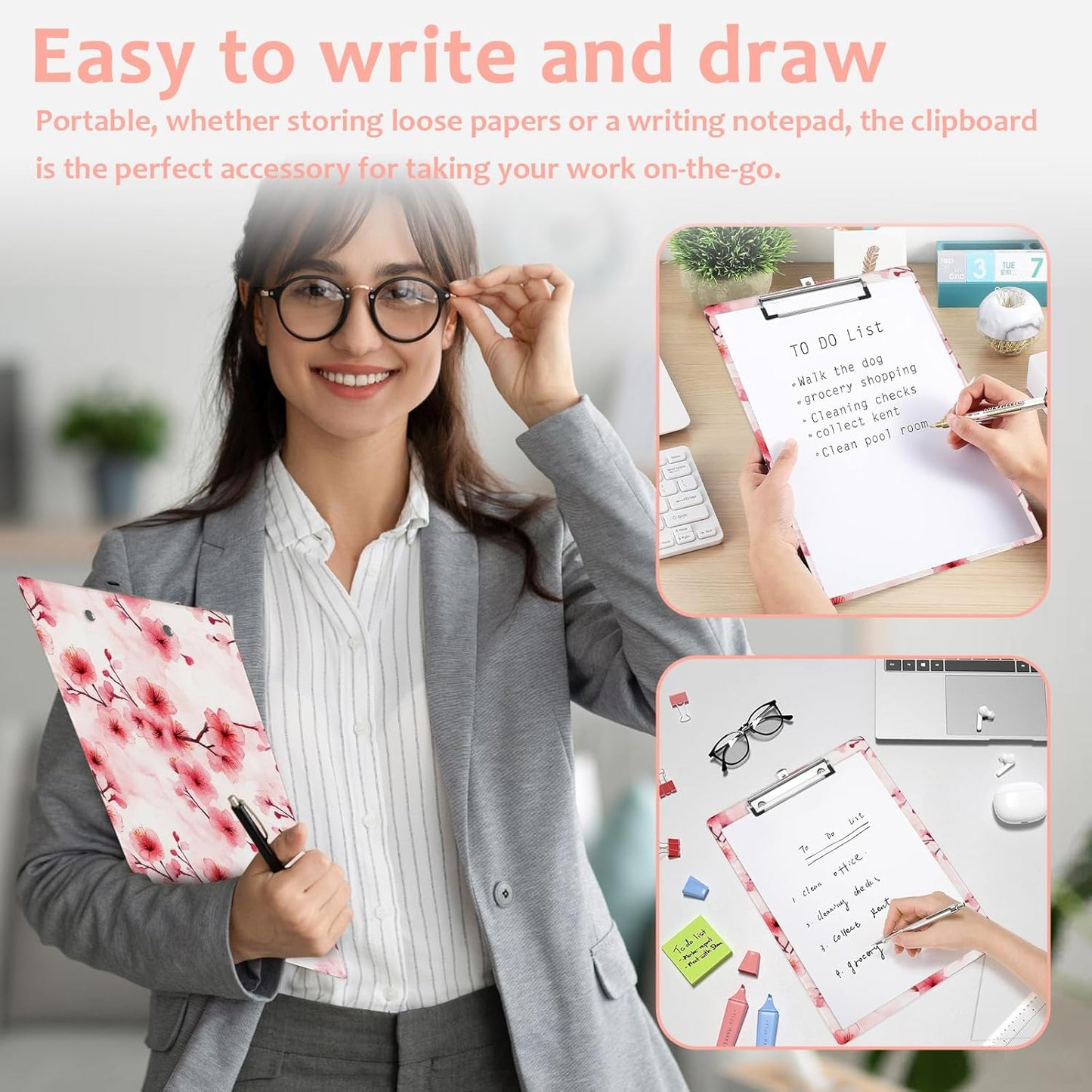 Pink Cherry Blossom Plastic Clipboards,Cute Fashion Clipboard Decorative 8.5" x 12.5"Standard A4 Size Clipboards,Acrylic Clipboard for Teacher,Social Worker,Students,Nurse,Office Supplies