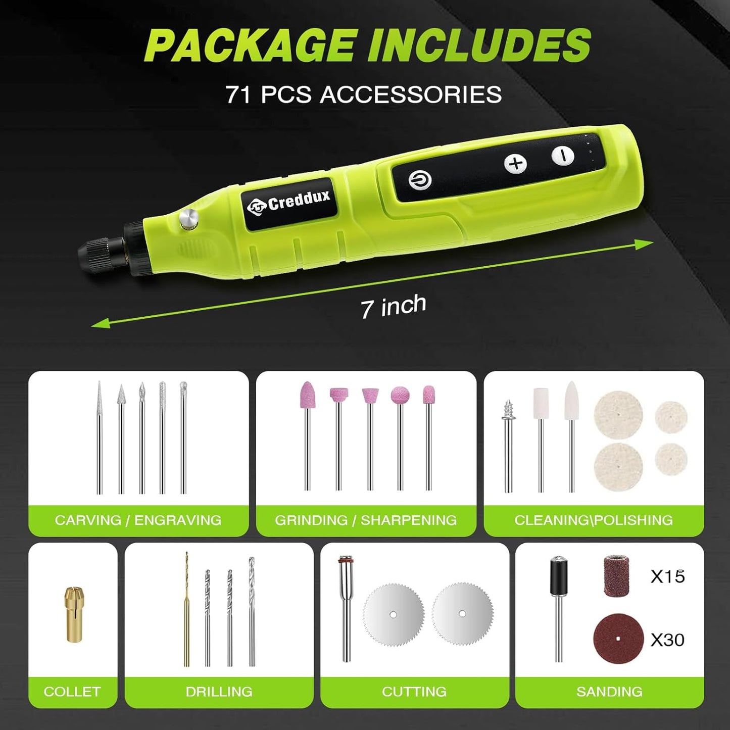 Cordless Rotary Tool,5 Speed Rotary Tool Kit With 71 Accessories,USB Charging,Multi-Purpose 4.2v Power Rotary Tools Easy Accessory Changes - Sanding, Polishing, Engraving and Cutting Green