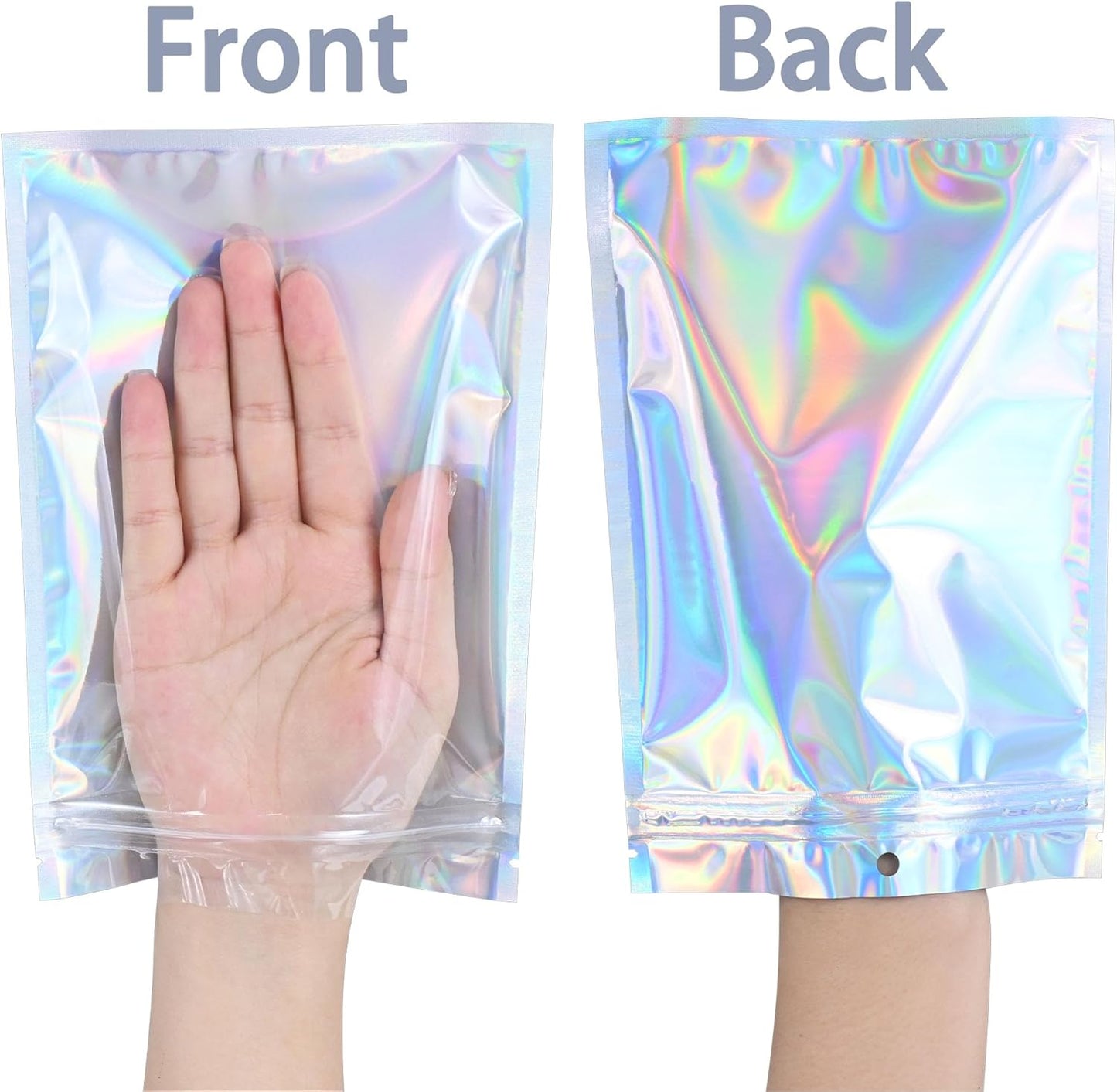 100 Pack Holographic Resealable Plastic Bags for Food Storage, Zipper Bags with Clear Front Window, Packaging Pouch for Small Business (100 Pack, 5.6x8 inch)