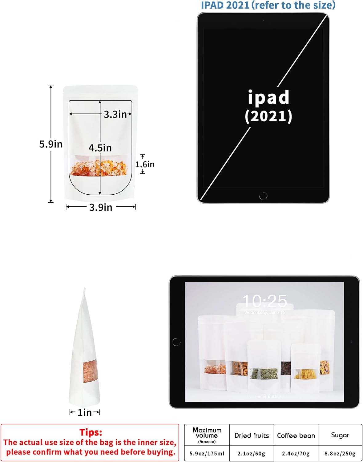 FireKylin 100 Pcs White Paper Bags with Window, 3.9/inch x 5.9/inch Stand Up Pouches Bag, Zipper Food Storage Bags for Packaging Products, Reusable, Sealable