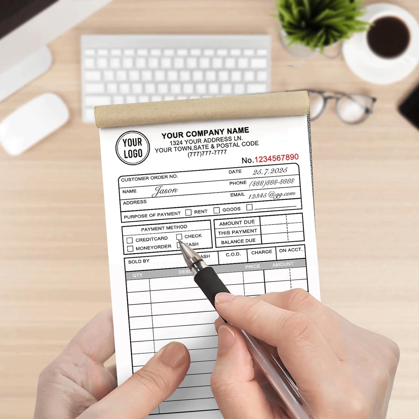 Custom Invoices Receipt Book for Small Business Personalized 3-Part Duplicate Carbonless Logo Receipt Books Sales Payment Forms with Company Name Address Phone Number 100 Sets 8.5" x 7"