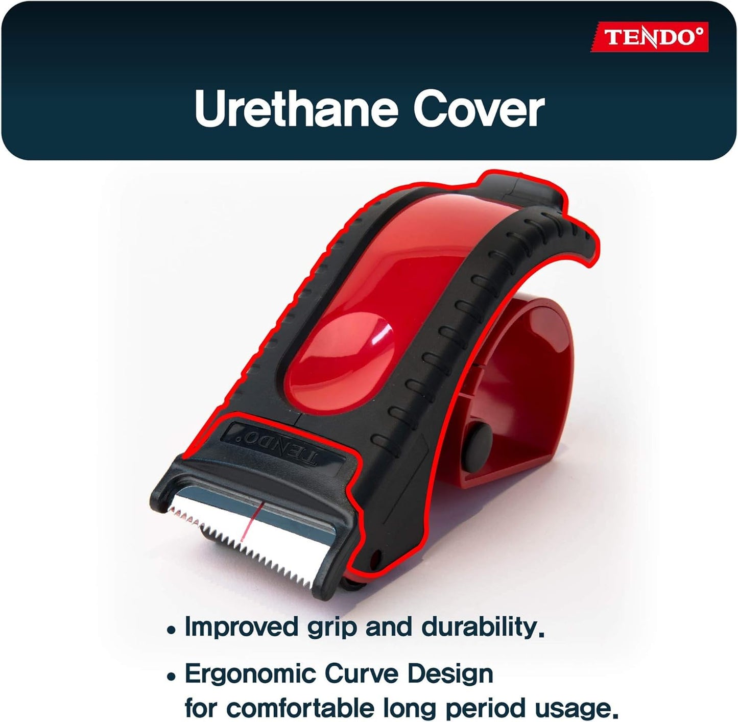 Heavy Duty Shipping Tape Dispenser: TENDO° Essential Line – Reusable, Replaceable, Eco-Friendly 2’’ Master Piece Dispenser with Patented 10° Sloped Chromium Blades - P-1200 (3th Gen.)_Red