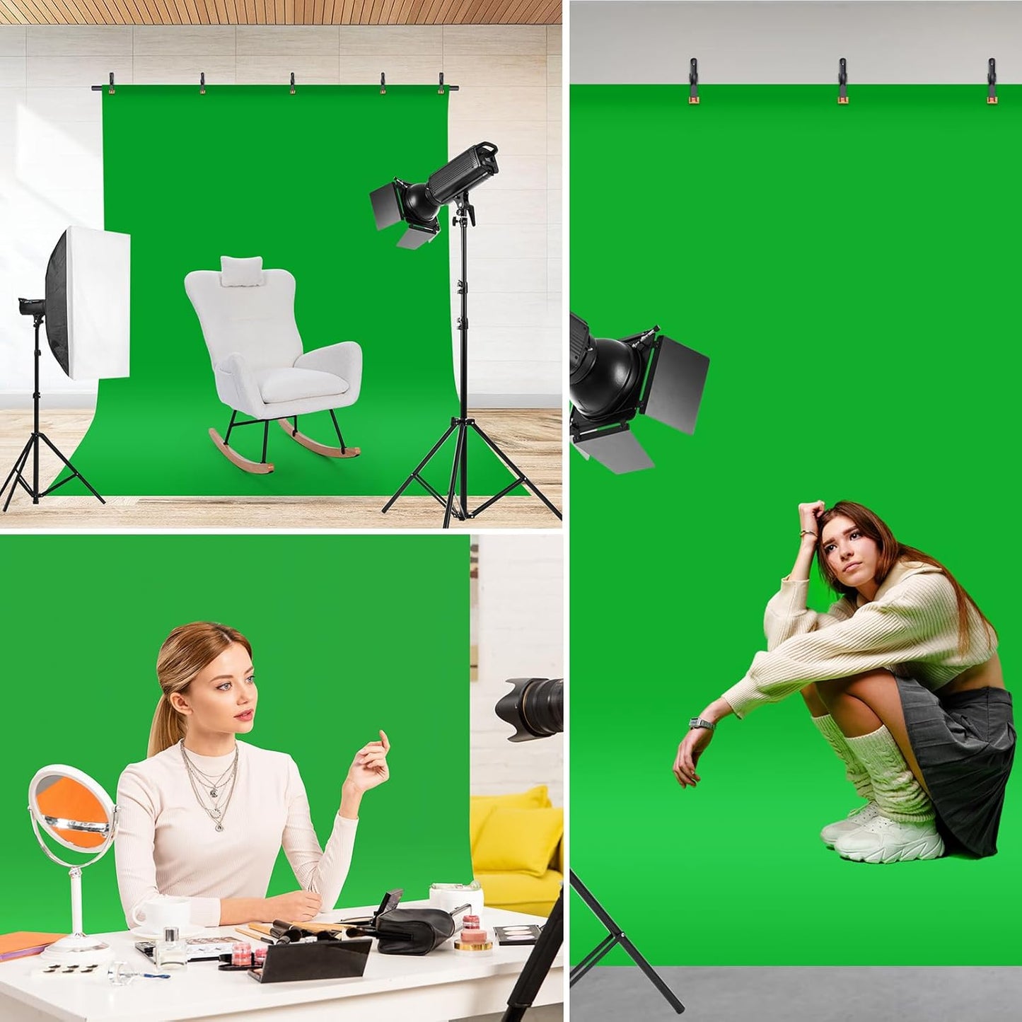 Green Screen Backdrop Kit, Portable Greenscreen Background with T-Shaped Stand, 5 Clamps & Carrying Bag for Photography, Streaming, Zoom, Gaming, (Green, 6.5 Feet X 5.0 Feet)