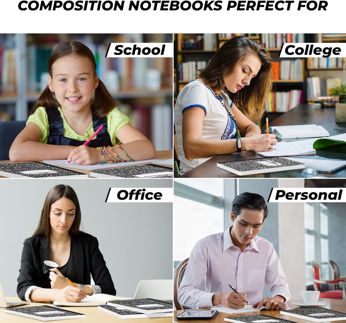 12 Pack Composition Notebook College Ruled Bulk, 200 Pages (100 Sheets), 9-3/4 x 7-1/2, Hard Cover College Ruled Notebook Bulk, Black Marble Composition Notebook College Ruled, Bulk Notebooks