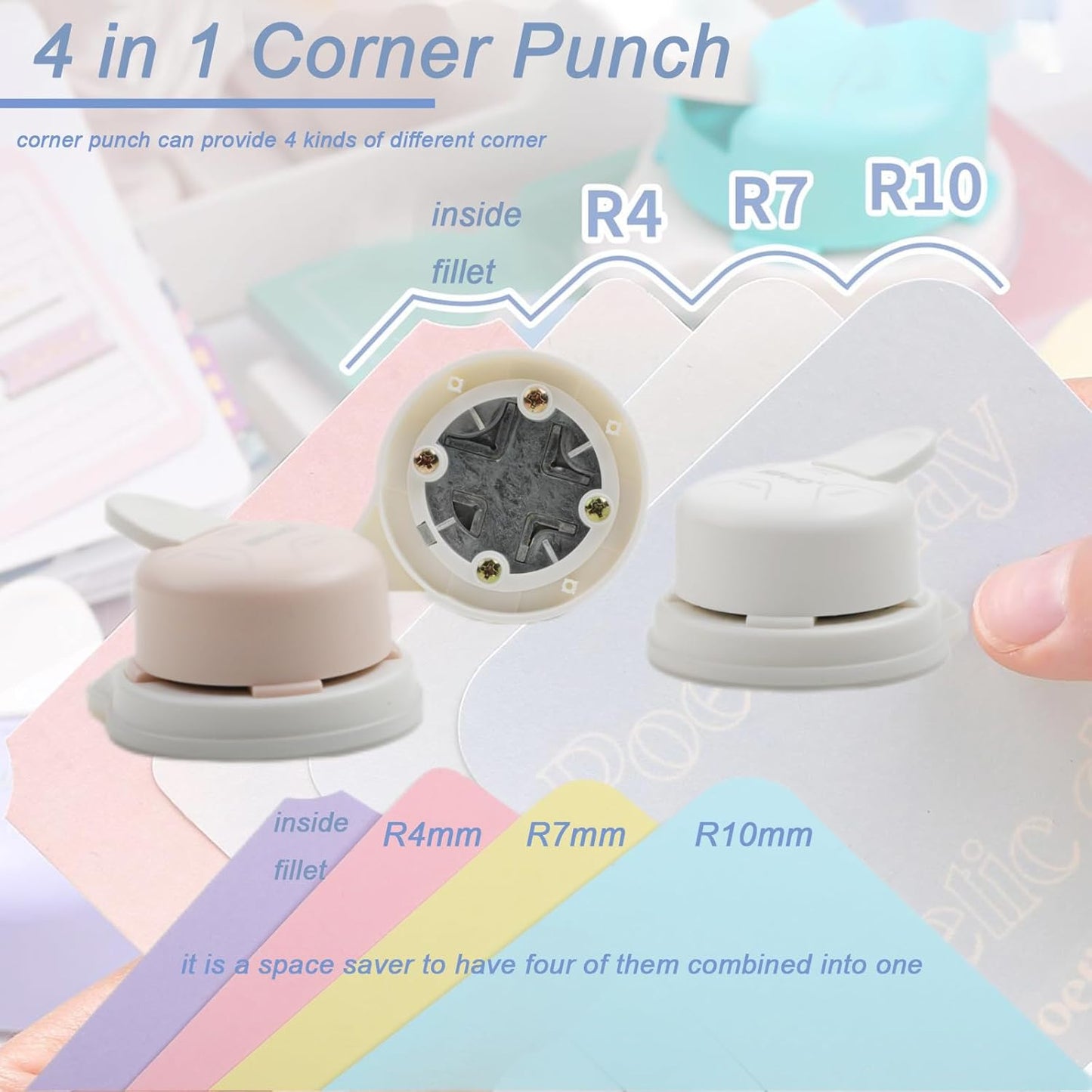 2 Pieces Corner Punch 4 in 1 Corner Rounder Punch Paper Corner Rounder for Making Scrapbooking (R4+R7+R10+Inside Corner) (White and Purple)