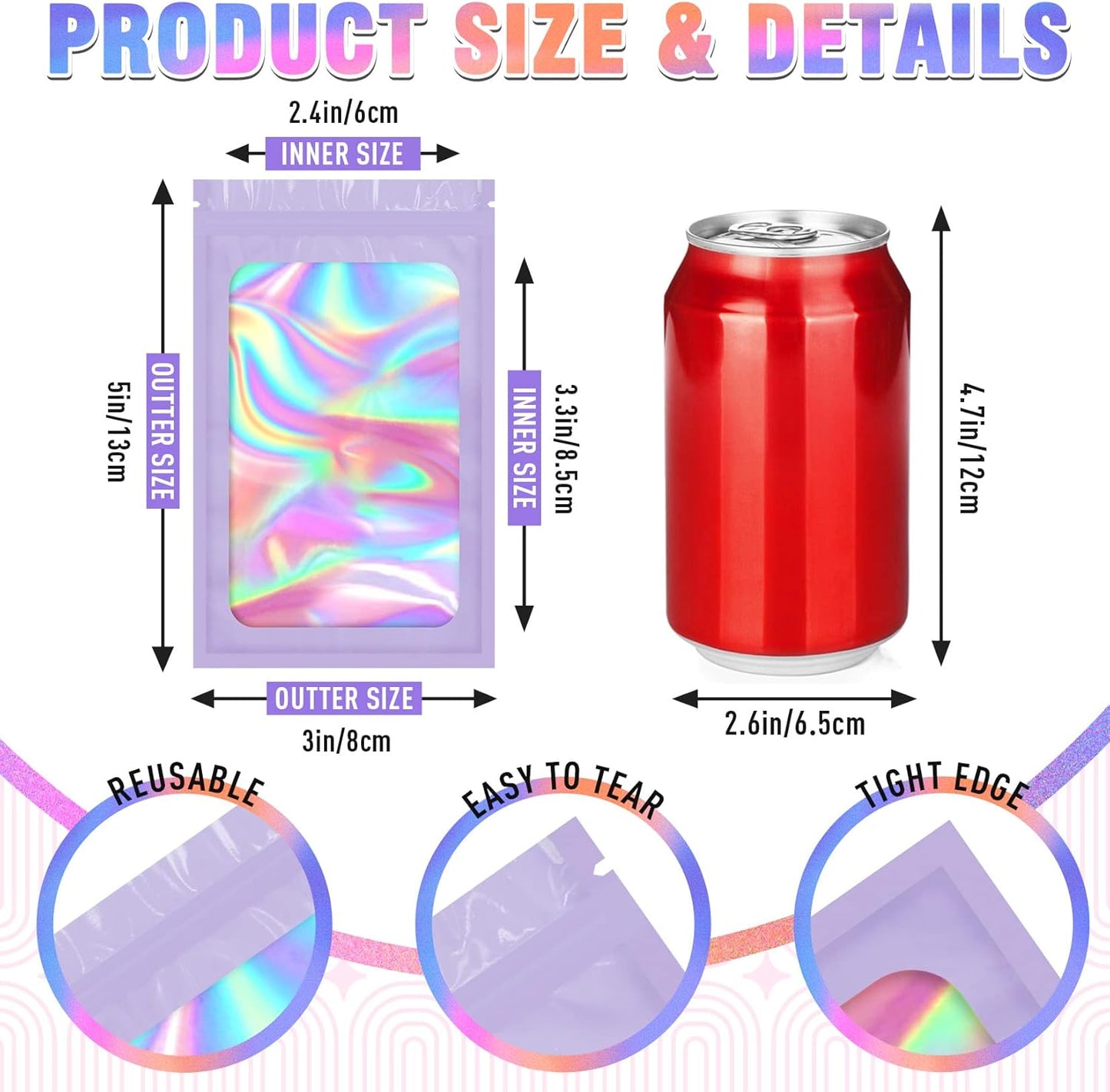 Mylar Bags, 100 PCS Packaging Bags, Smell Proof Bag with Clear Window, Resealable Bag Purple (3x5 Inch)