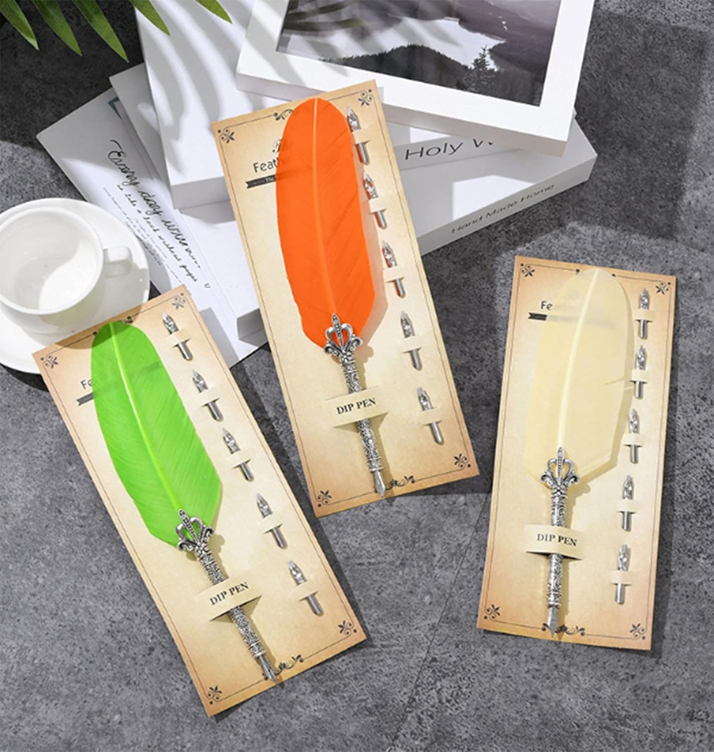 Gullor Calligraphy Feather Quill Pen and 5 Calligraphy Nibs for Beginners Kids Calligraphy Writing Quill Dip Pen Set, Orange
