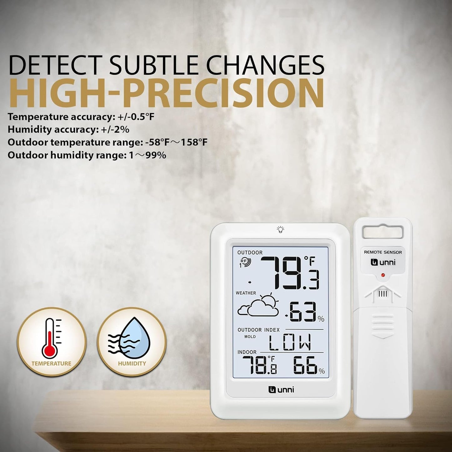 Indoor Outdoor Thermometer Wireless Weather Station, Temperature Humidity Monitor Battery Powered Inside Outside Thermometers with 330ft Range Remote Sensor and Backlight Display(WH01)