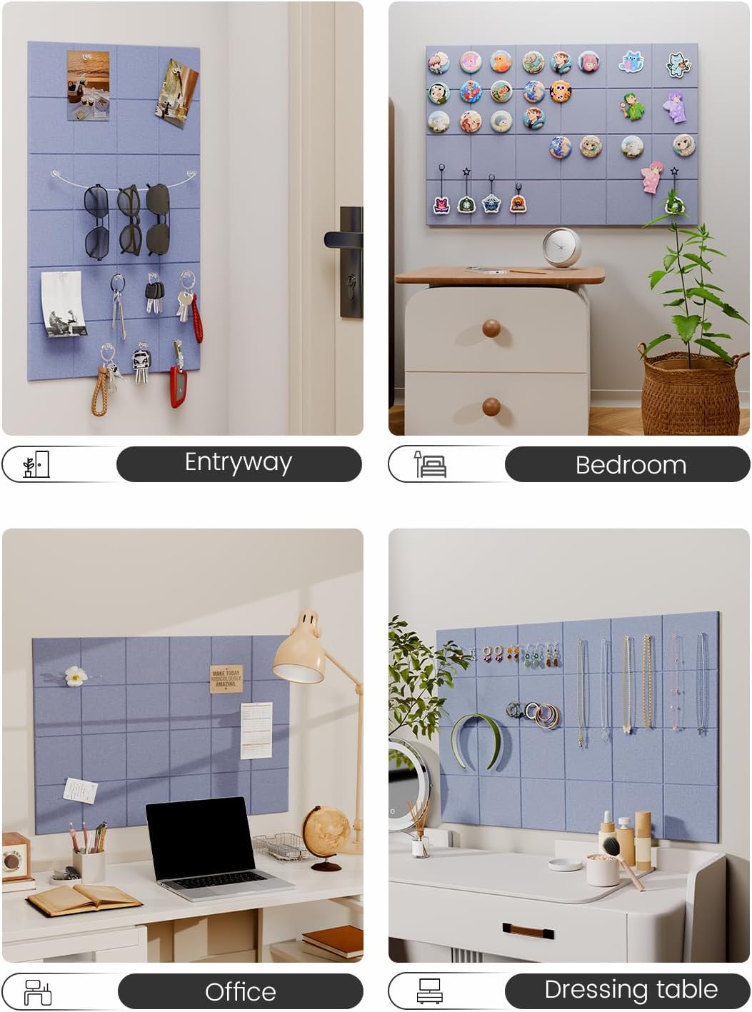 Felt Bulletin Board Tiles -28"x18" Cork Board Alternative for Office Decor, Push Pin Board Wall Organizer 6-Pack-Soft Periwinkle