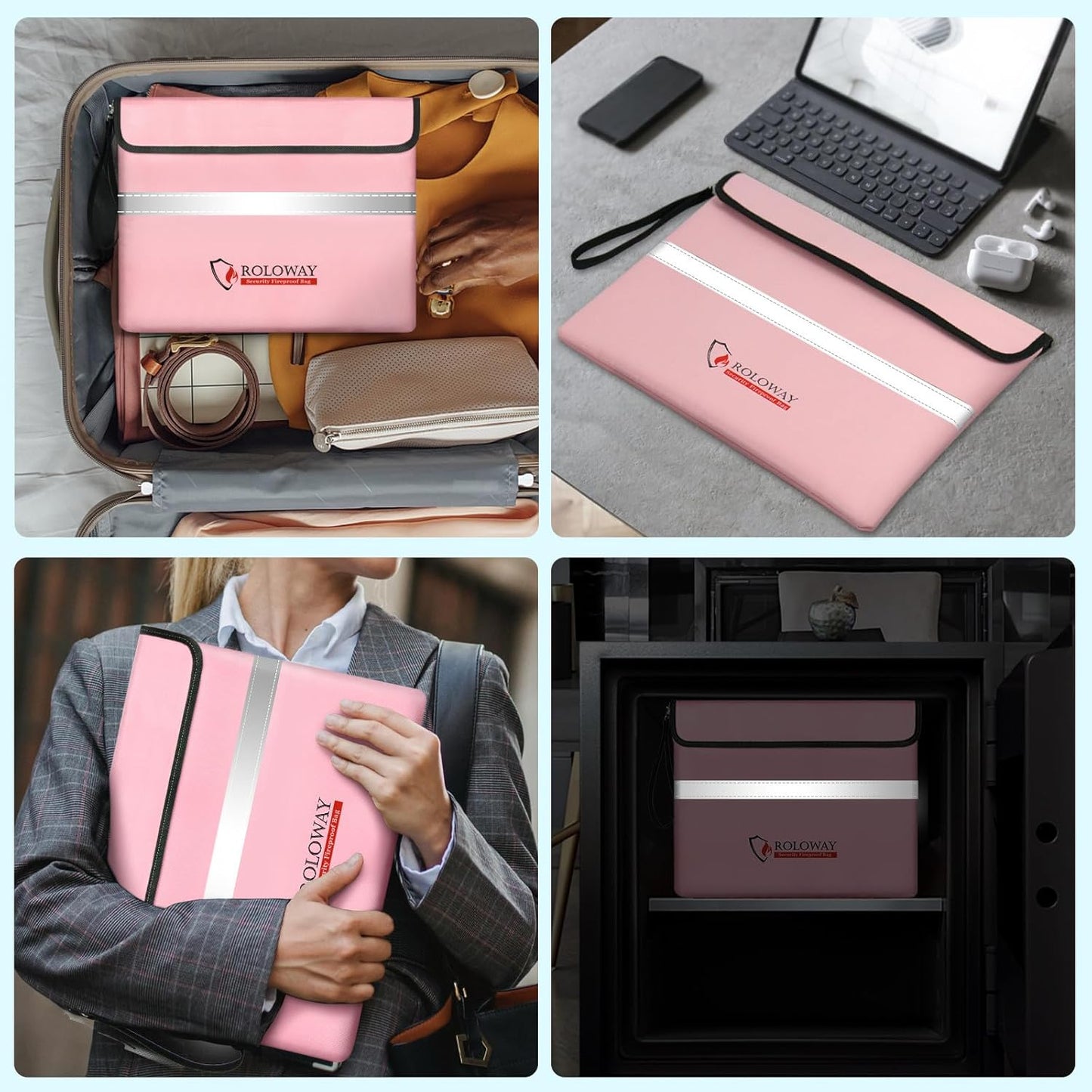 ROLOWAY Fireproof Document Bag (14 x 11 inch) with 5200℉ Upgraded Aluminum Foil Layer, Fireproof Bag for Documents with Reflective Strip and Zipper (Pink)