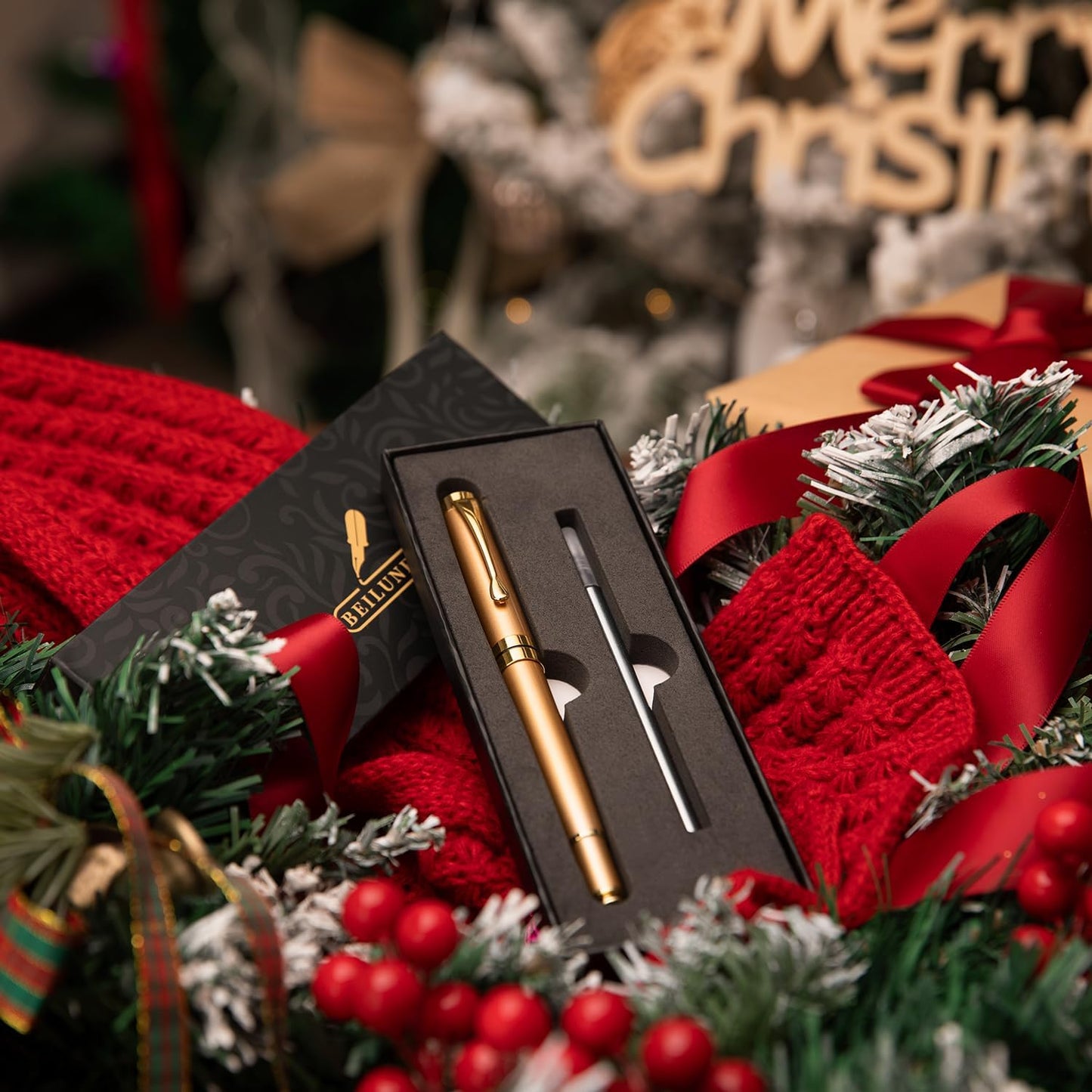BEILUNER Ballpoint Pens, Stainless Steel with Chrome Trim, Luxury Golden Metal Pen Set, Best Ball Pen Gift Set for Men & Women, Professional, Executive, Office, Fancy Pens-Nice Box with Extra Refill