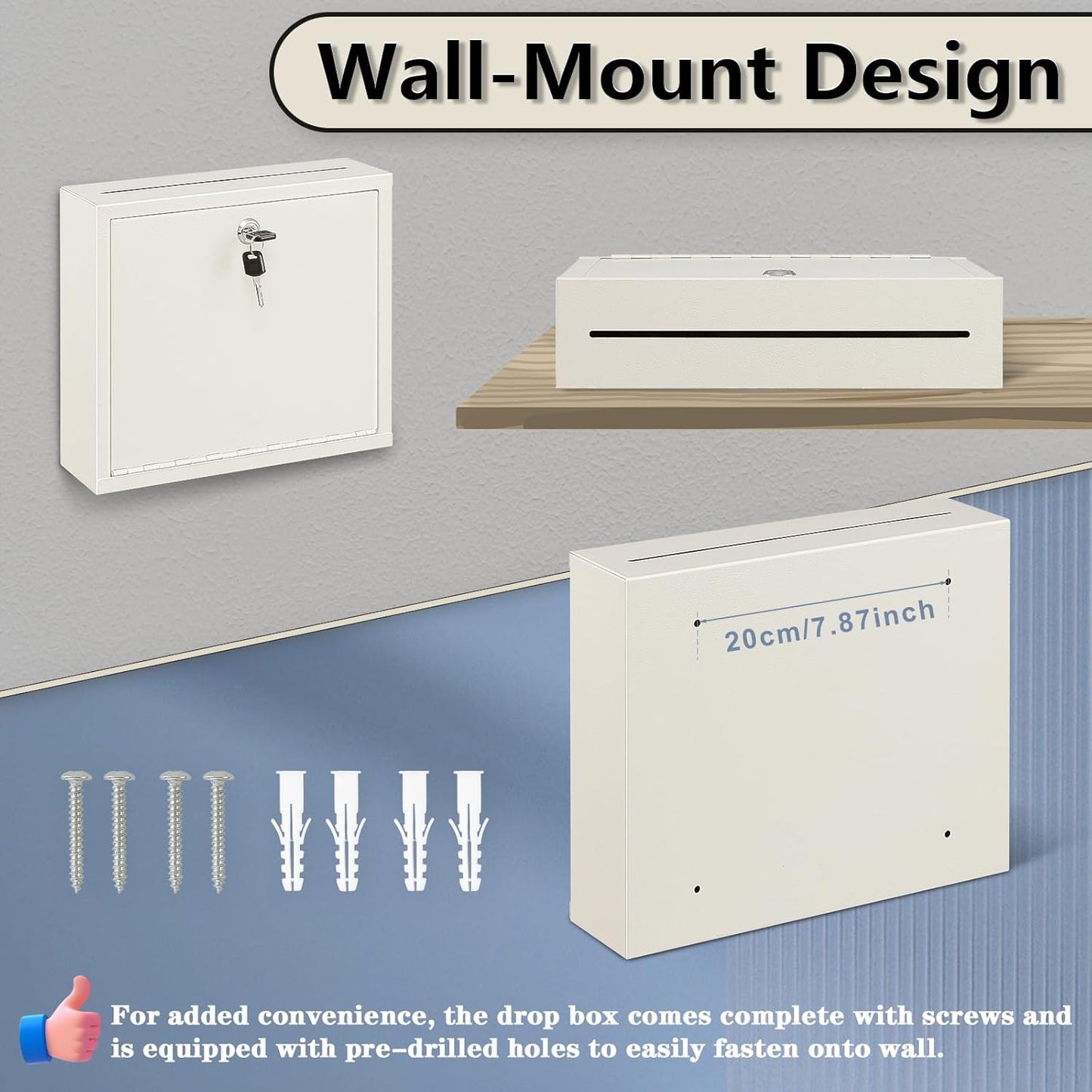 KYODOLED Suggestion Box with Lock and Slot, Wall Mounted Small Mailbox for Office, Key Drop Box with 50 Free Suggestion Cards, Safe Lock Box, Ballot Box, Donation Box, 3W x 10H x 12L Inch White