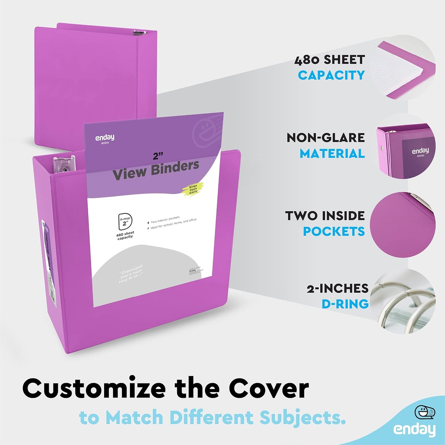 3 Slant D-Ring Binder 2 Inch Binder Purple, 2 in Clear View Cover w/ 2 Inside Pockets, Heavy Duty Colored School Supplies Binders Also Available in Blue, Pink, Red, Green, Grey (6 PC)–by Enday