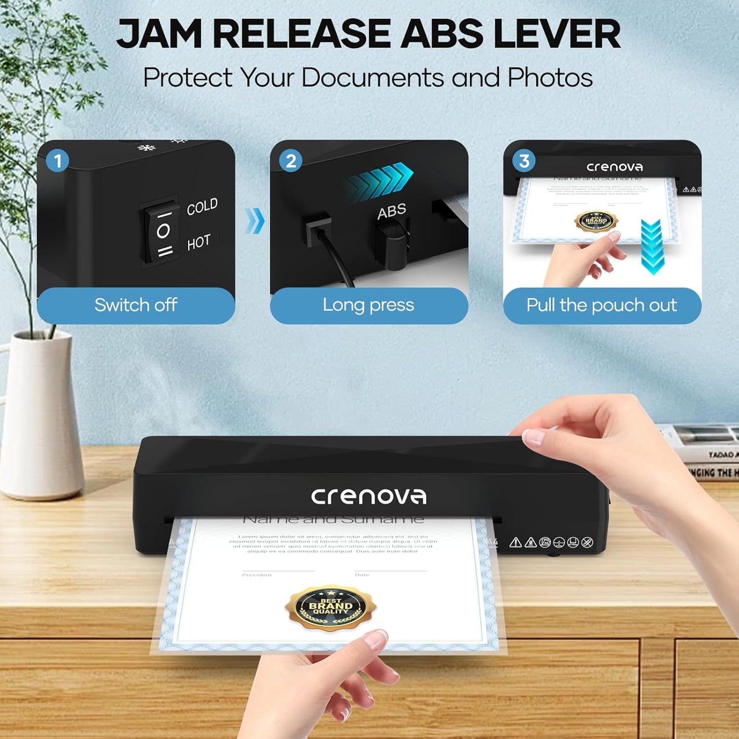Crenova Laminator Machine with 10 Laminating Sheets, A4 Laminating Machine Hot & Cold with Fast Warm Technology, Thermal Laminator 9 Inch for Home Office School Business Black
