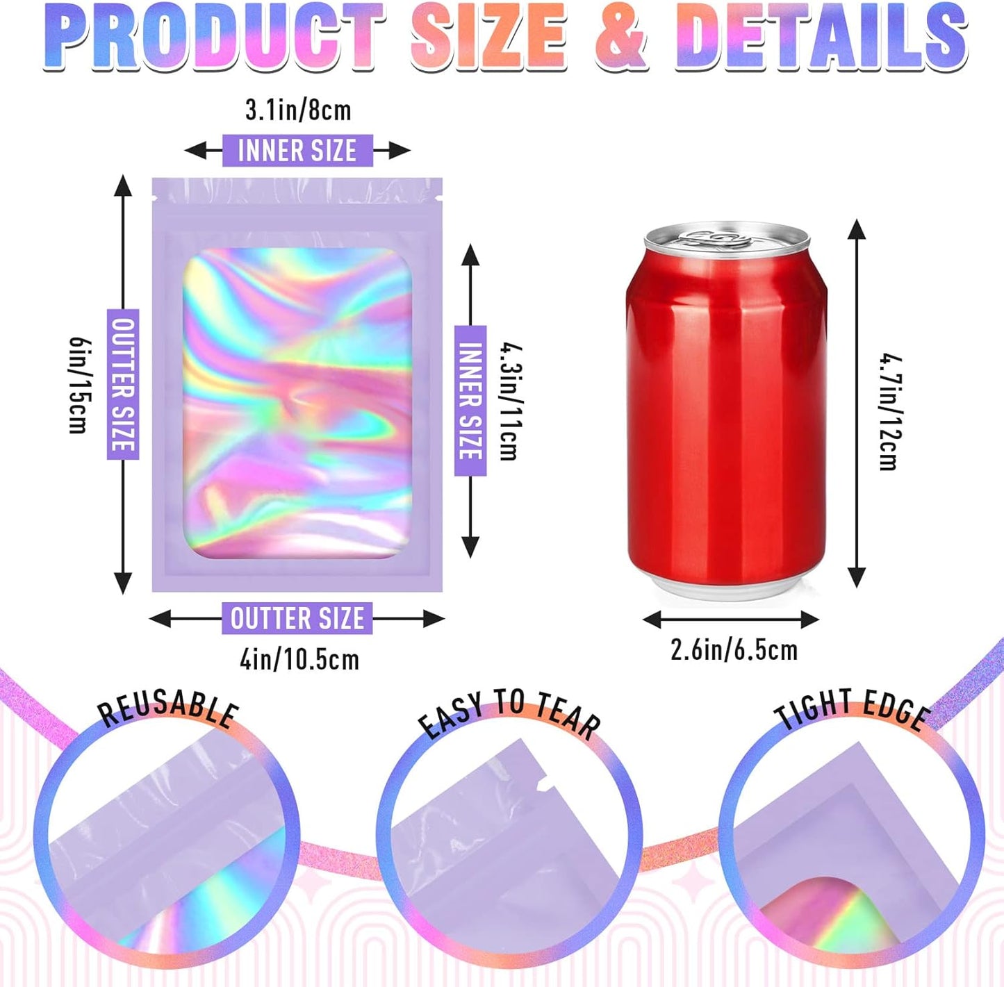 Mylar Bags, 100 PCS Packaging Bags, Small Bag Smell Proof Bag with Clear Window Purple (4x6 Inch)