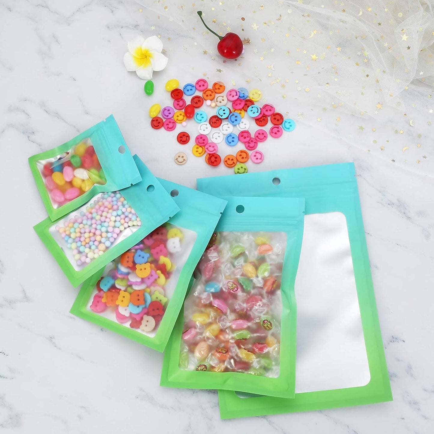 100 Pcs Resealable Mylar Bags, Gradient Color Food Storage Bags, Zip Bag Foil Bags Packaging Pouch for Food Storage, Sample, Small Business (Blue Green, 4.7 X 7.1 Inch)