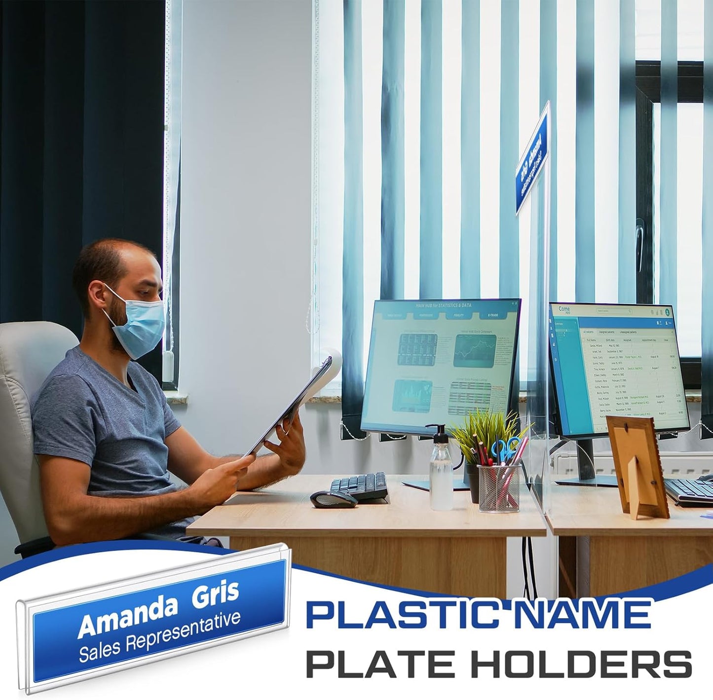 50 Pack Plastic Cubicle Name Plate Holder 8.5" Wide x 2" High Glass Wall Name Plate Holder Clear Acrylic Sign Display Stand for Home Office Business (Suitable for 1/4" Cubicle Wall)