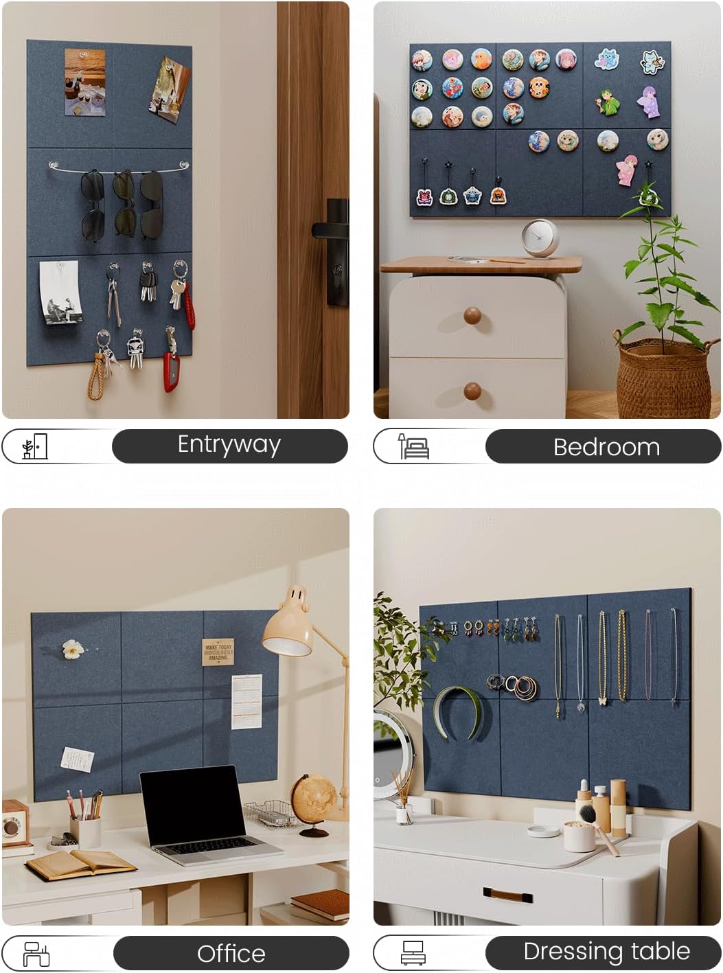 Felt Bulletin Board Tiles -28"x18" Cork Board Alternative for Office Decor, Push Pin Board Wall Organizer 6-Pack - Denim Blue