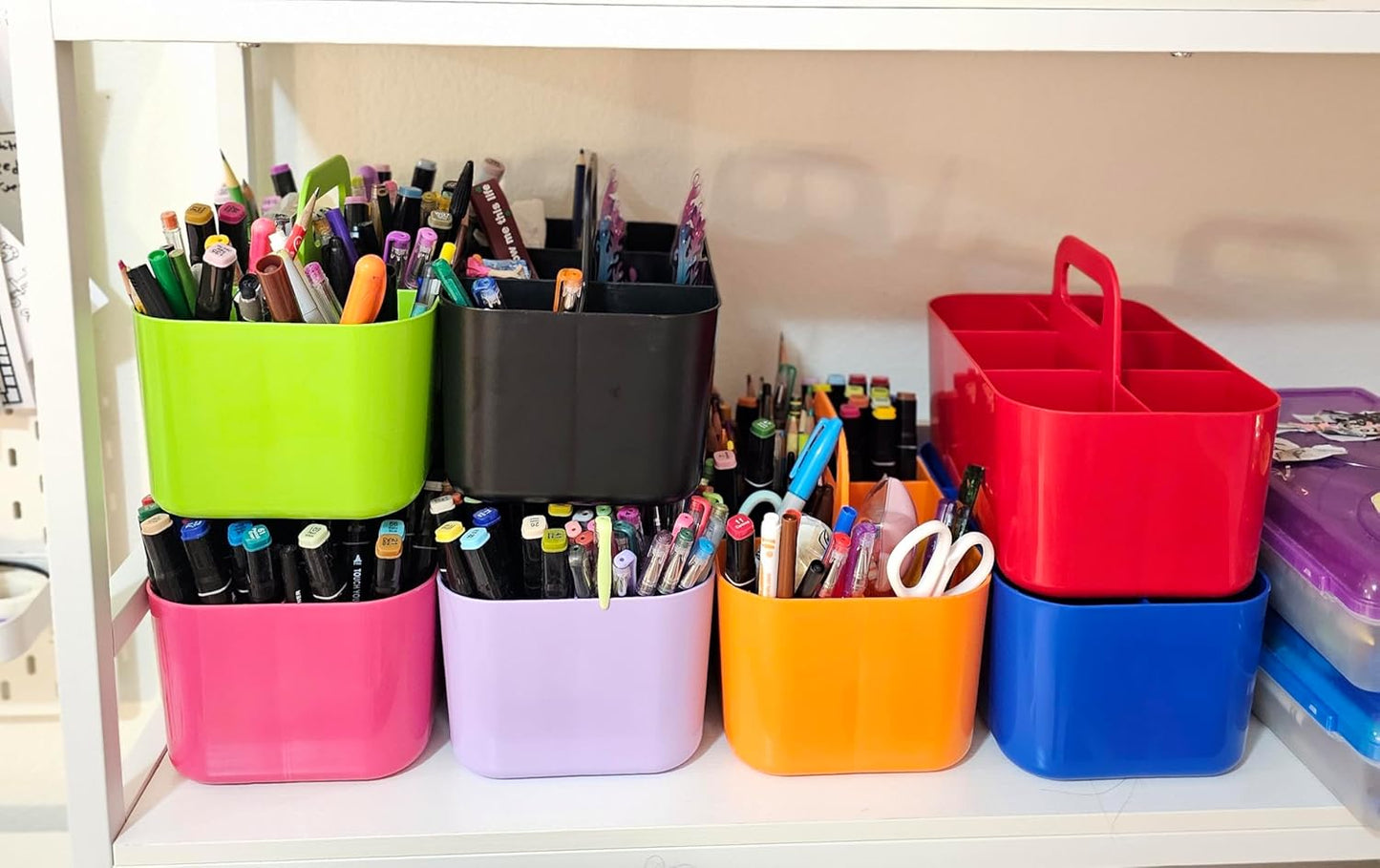 2 Pack Small 6 Compartment Multiuse Caddy Organizer with Handle Art Craft Supplies, Office, Desk, Stationery Pen Holder Stackable- Made In USA (Hot PInk)