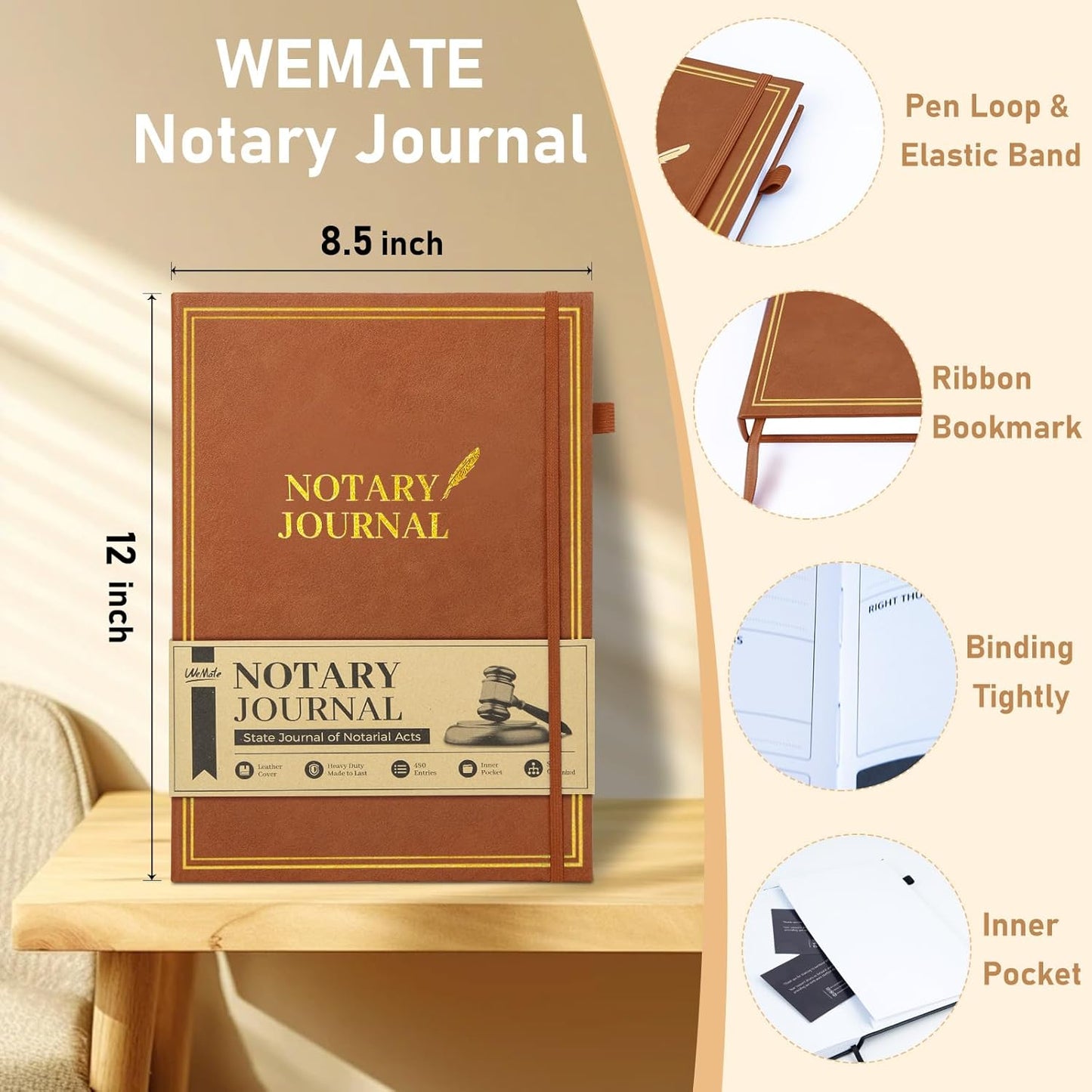 WEMATE Notary Journal Log Book with 480 Record Entries, 12″x8.5″ Hardcover Notary Book - 120gsm Thick Paper, Notary Supplies with 160 Numbered Pages, Large Capacity for Notarial Records (Brown)