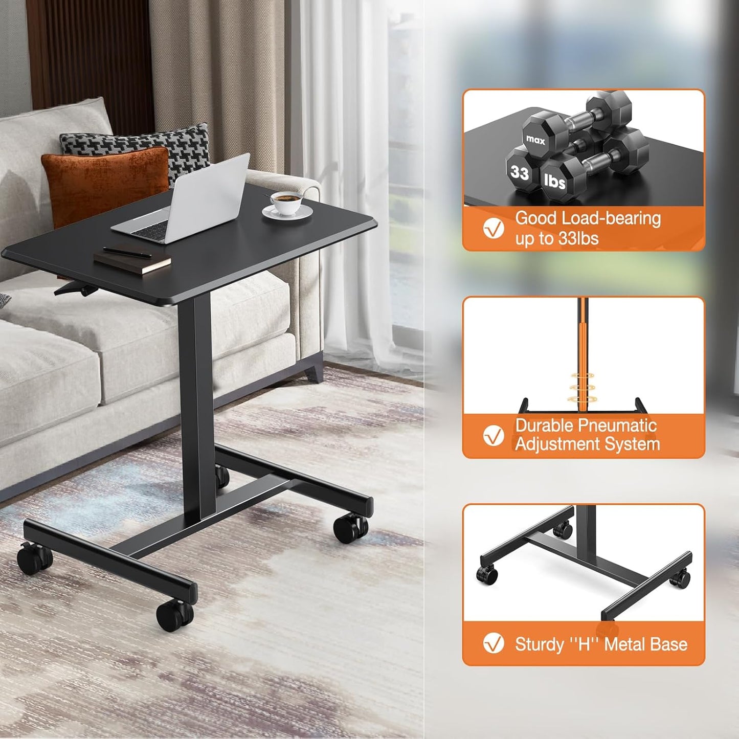 Sweetcrispy Small Mobile Rolling Standing Desk - Overbed Table, Teacher Podium with Wheels, Adjustable Work Table, Rolling Desk Laptop Computer Cart for Home, Office, Classroom, Black