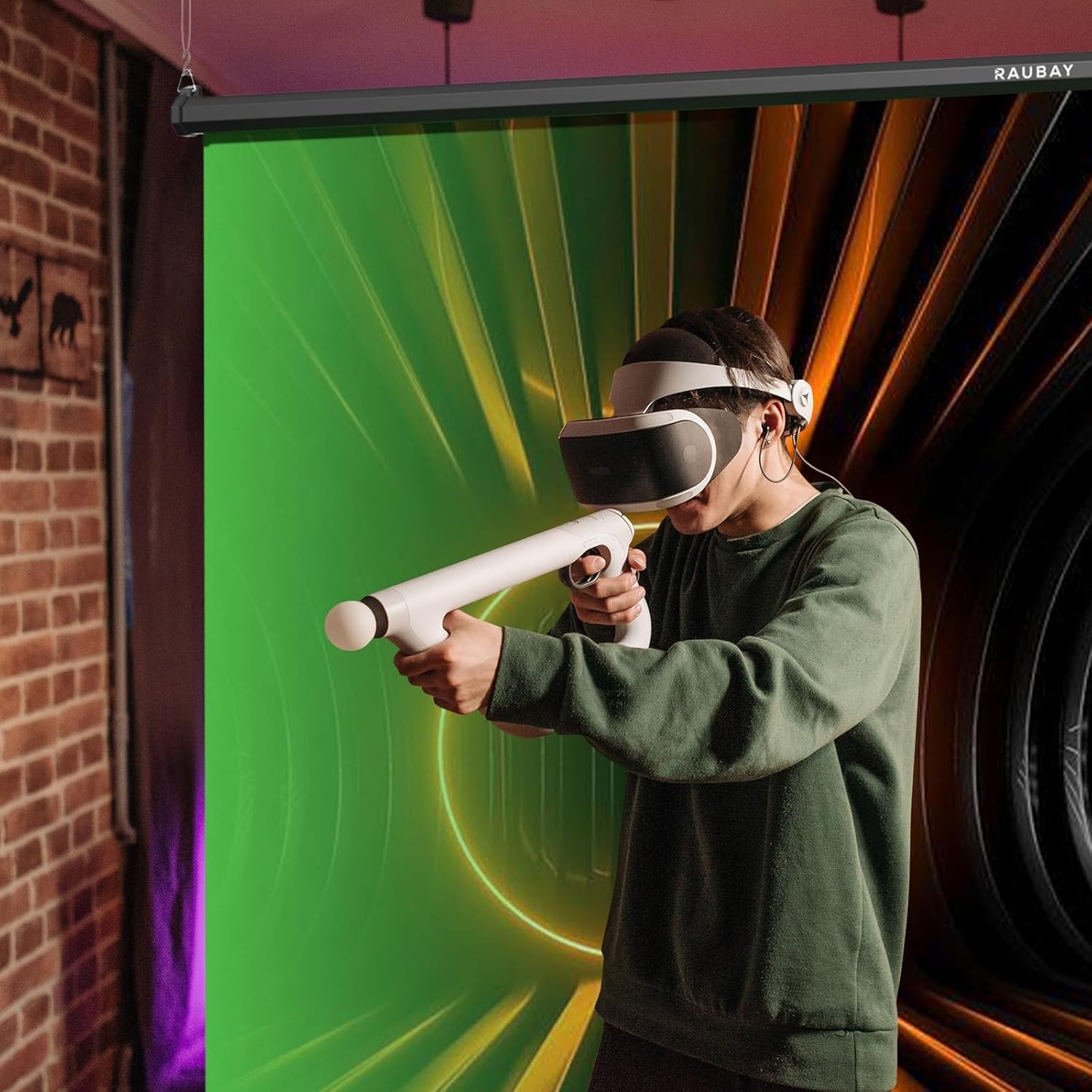 RAUBAY Retractable Pull Down Green Screen - 78.7" x 86.6" Collapsible Wall-Mount Background for Professional Video Production, Chroma Key Backdrop for YouTube, TikTok, Streaming, Video Conferencing