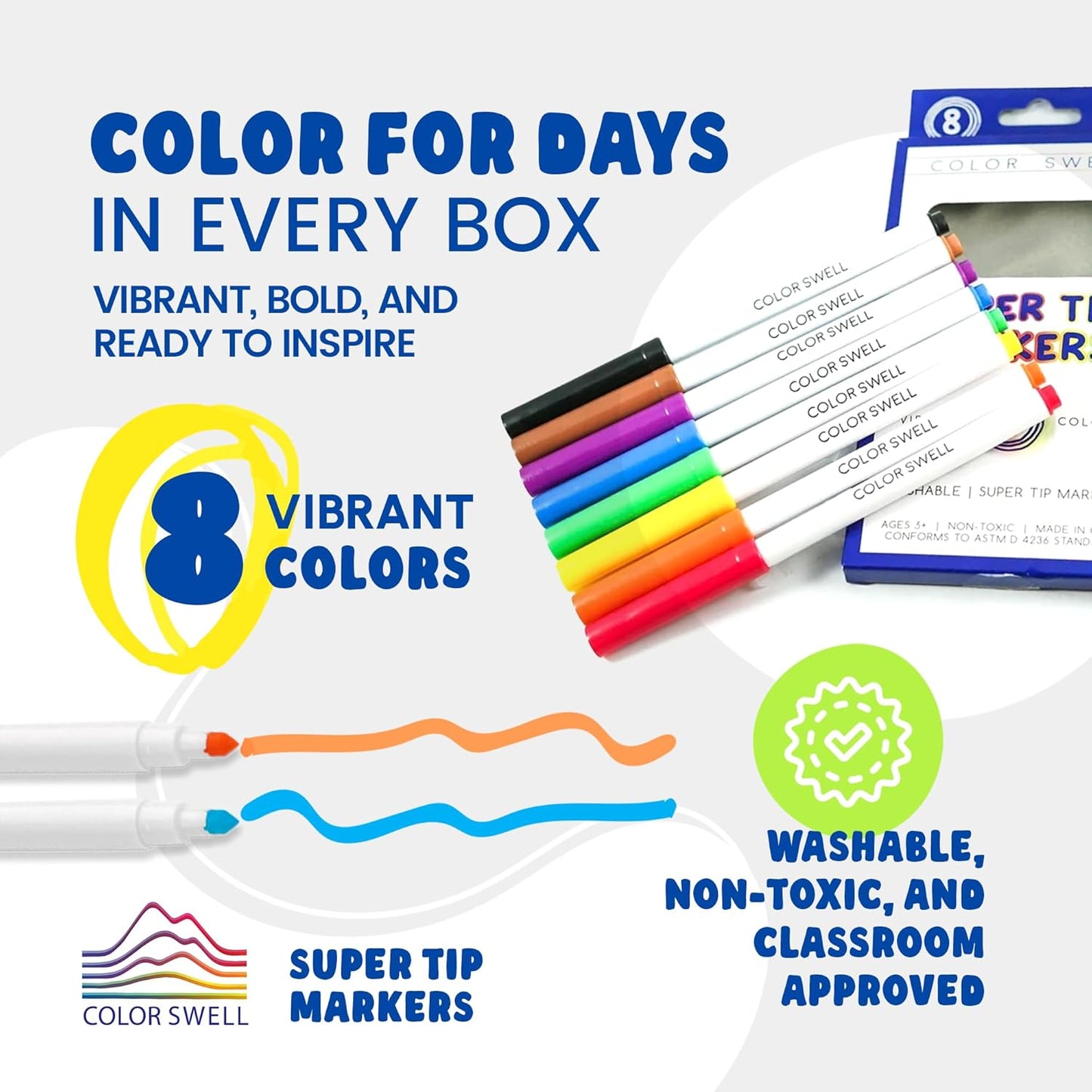 Color Swell 8-Pack Super Tip Markers – Washable, Non-Toxic, Ideal for Kids, Students, Adults, and Classroom Activities