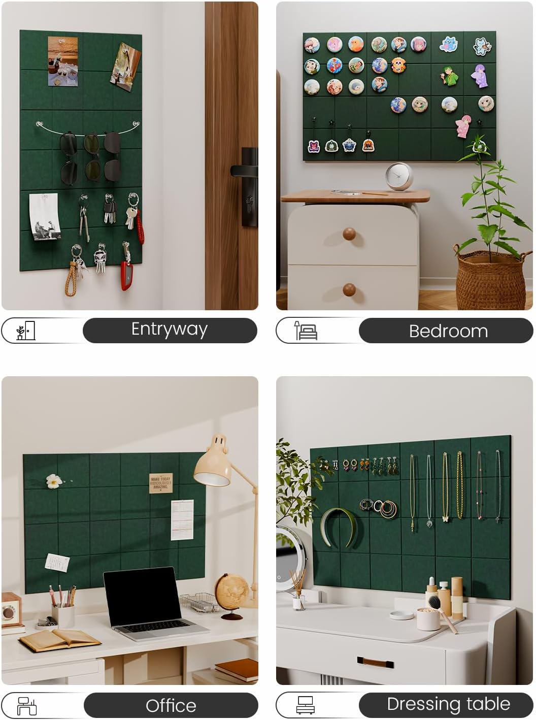Felt Bulletin Board Tiles -28"x18" Cork Board Alternative for Office Decor, Push Pin Board Wall Organizer 6-Pack -Aurora Green