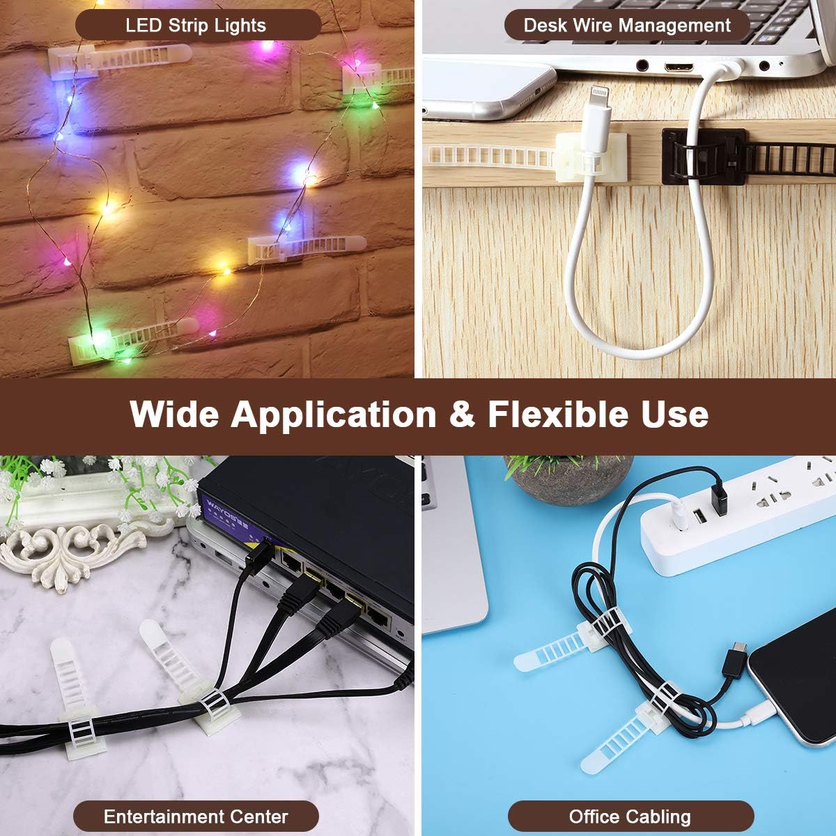 Adhesive Cable Management Clips, 50pcs Adjustable Nylon Cable Straps Wire Clips Clamps Organizer with Strong Adhesive Tape, Extra Screw & Hole for Strong Fixation Home Office - 3.55 Inch White