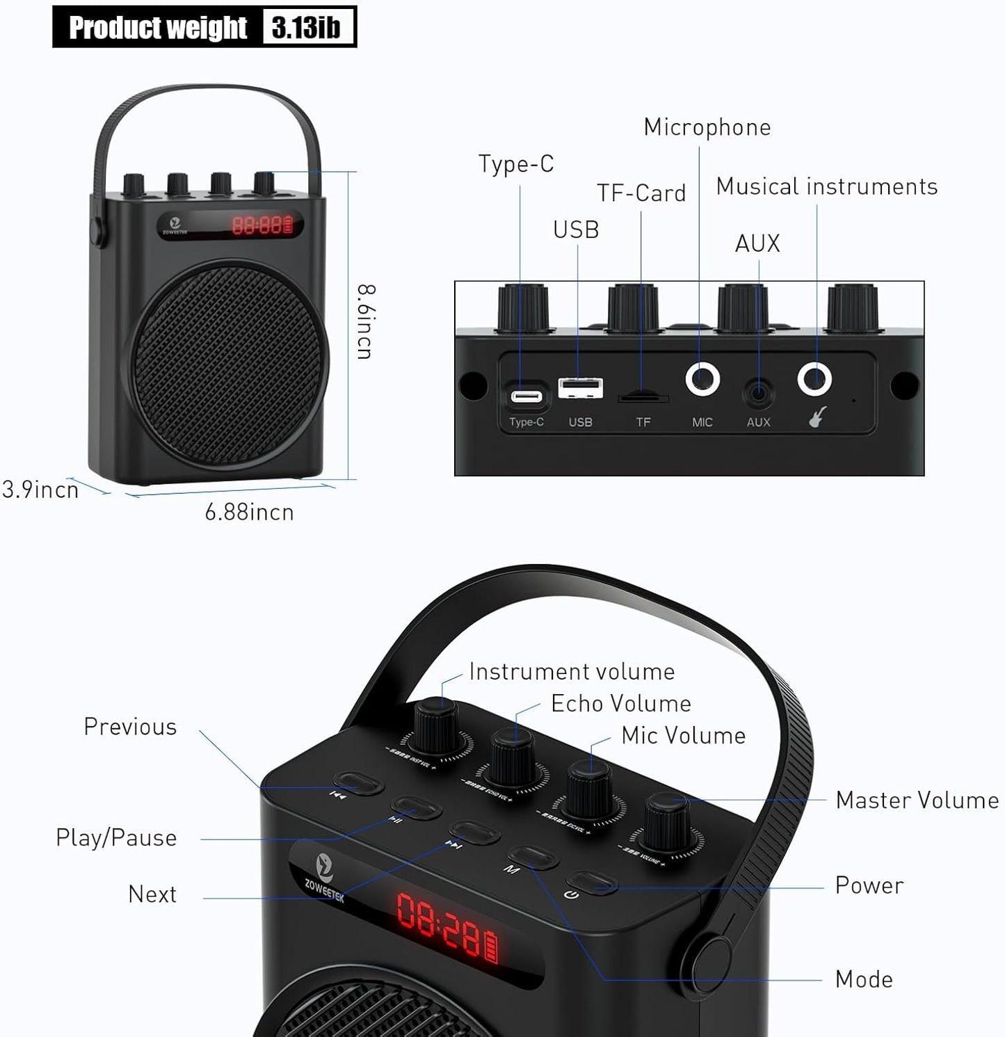 ZOWEETEK Powerful Voice Amplifier with 2 Wireless Microphones Handheld, Portable Speaker with Microphone, Karaoke Machine,Buletooth Speaker PA System,Portable Megaphone,Support TF Card,USB,Guitar,Aux