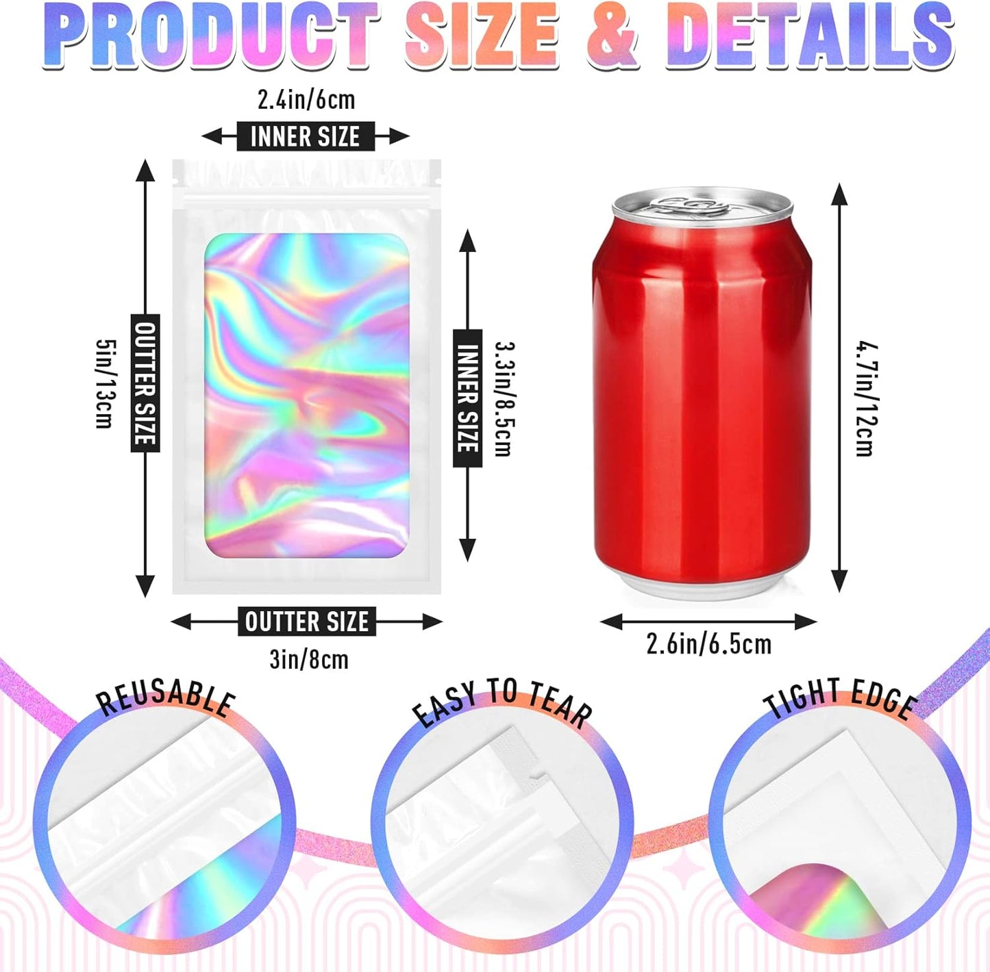 Smell Proof Bag, 100 PCS Mylar Bags, Holographic Bags, Packaging Bag (3x5 Inch)
