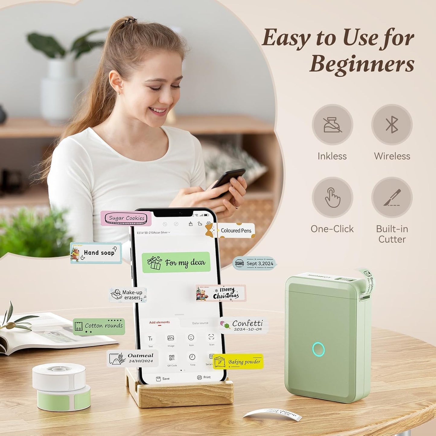 DEEPIN Label Maker Machine Portable Bluetooth Label Maker with Tape, Thermal Label Printer Multiple Templates for Phone, Mini Label Sticker Printer for Business Office Organization (Light Green)