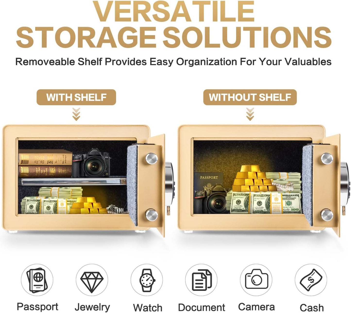 Safe for Home, Small Safe with Fireproof Bag, Removable Shelf, 1.0 Cubic Feet Digital Electronic Security Money Box for Cash, Document, Home, Office, Hotel Use, Champagne Gold,9.84"Dx 13.78"W x 9.84"H