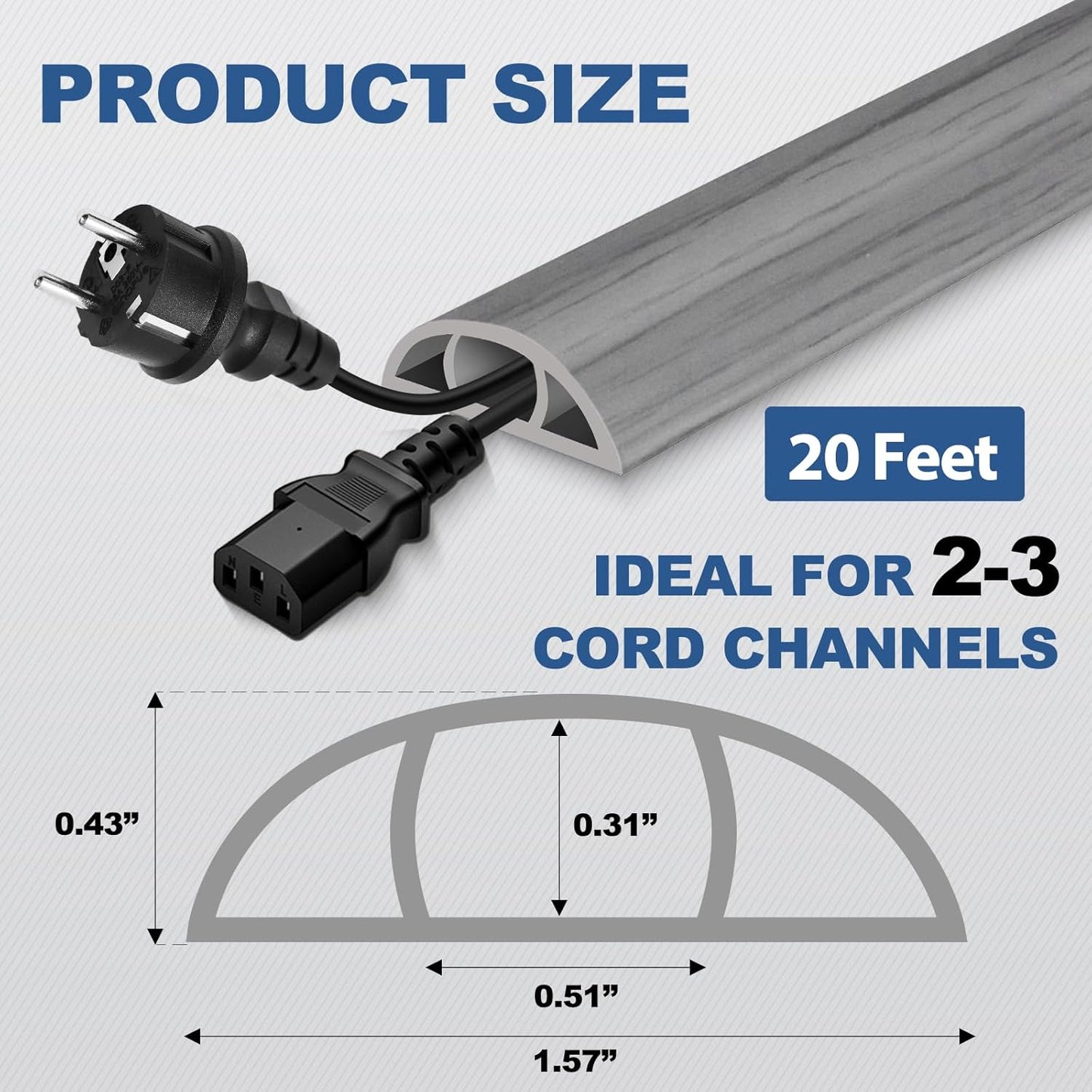 Floor Cord Cover for Wires on Floor Self Adhesive Cord Hider Floor Cable Management Wire Covers for Cords Protector Prevent Cable Trips Cord Cavity W 0.51" x H 0.31", Gray Wood, 20Ft