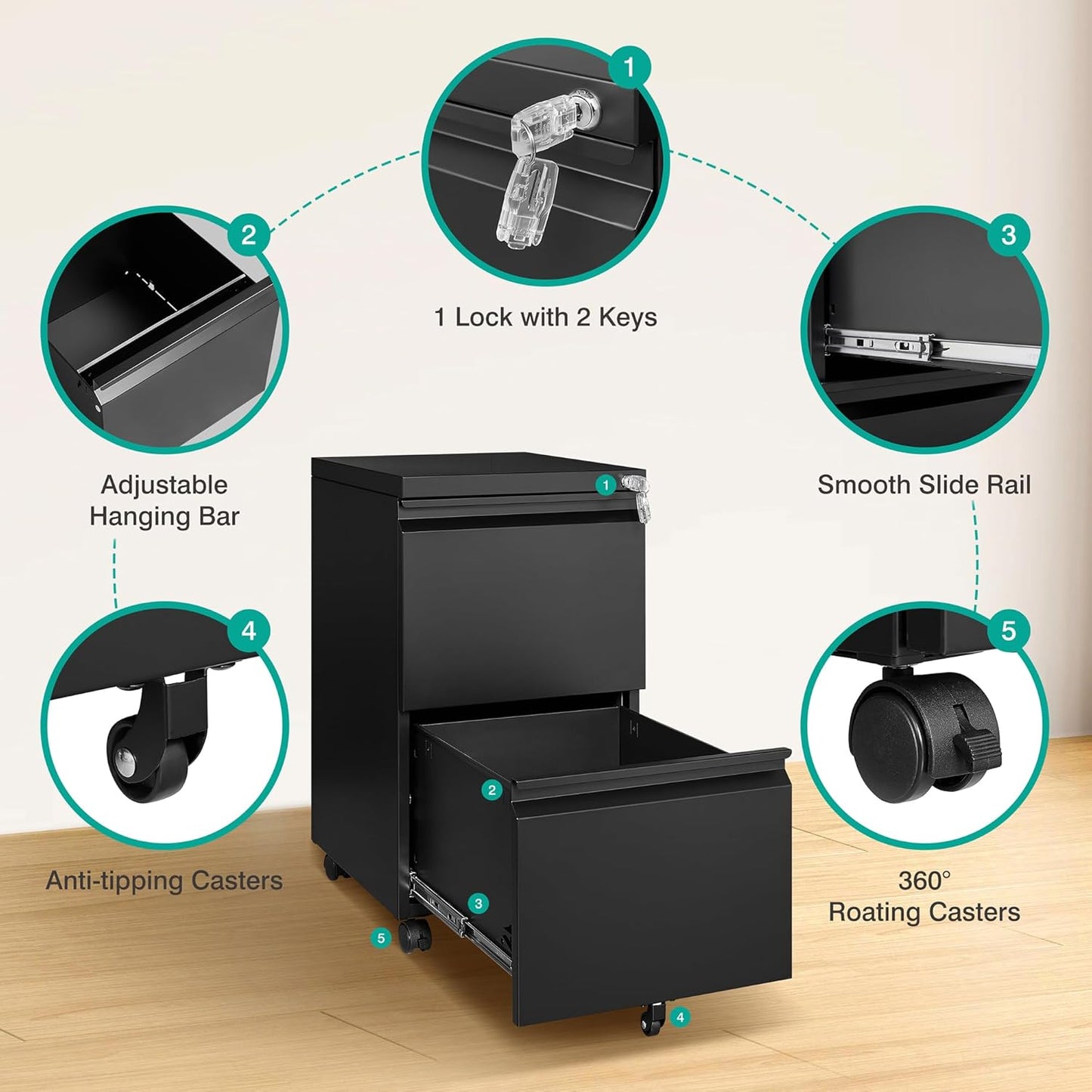SISESOL 2 Drawer File Cabinet on Wheels,Metal Filing Cabinet with Lock,Black Rolling File Cabinets with Casters,Under Desk Office Cabinets for Home Office,Fit A4/Letter/Legal,Easy Assembly