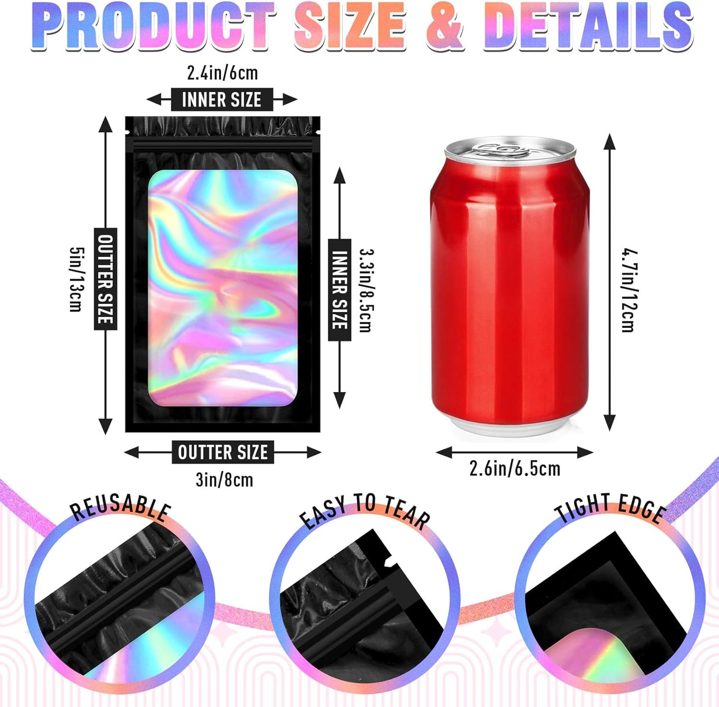 Mylar Bags, 100 PCS Packaging Bags, Small Bag Smell Proof Bag with Clear Window (3x5 Inch)
