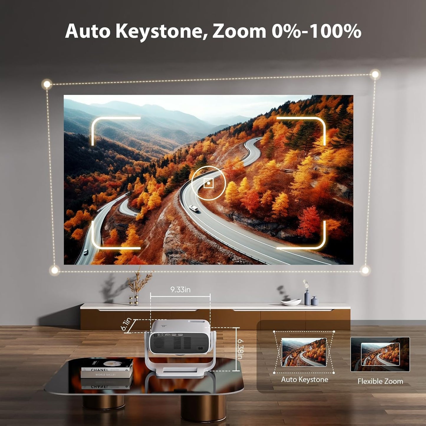 Smart Projector with WiFi 6 and Bluetooth Built-in Apps - 4K Support Portable Mini Projector Native 1080P , 2025 New Auto Keystone & Zoom Home Theater Cinema Movie Proyector, 120° Stand, Grey