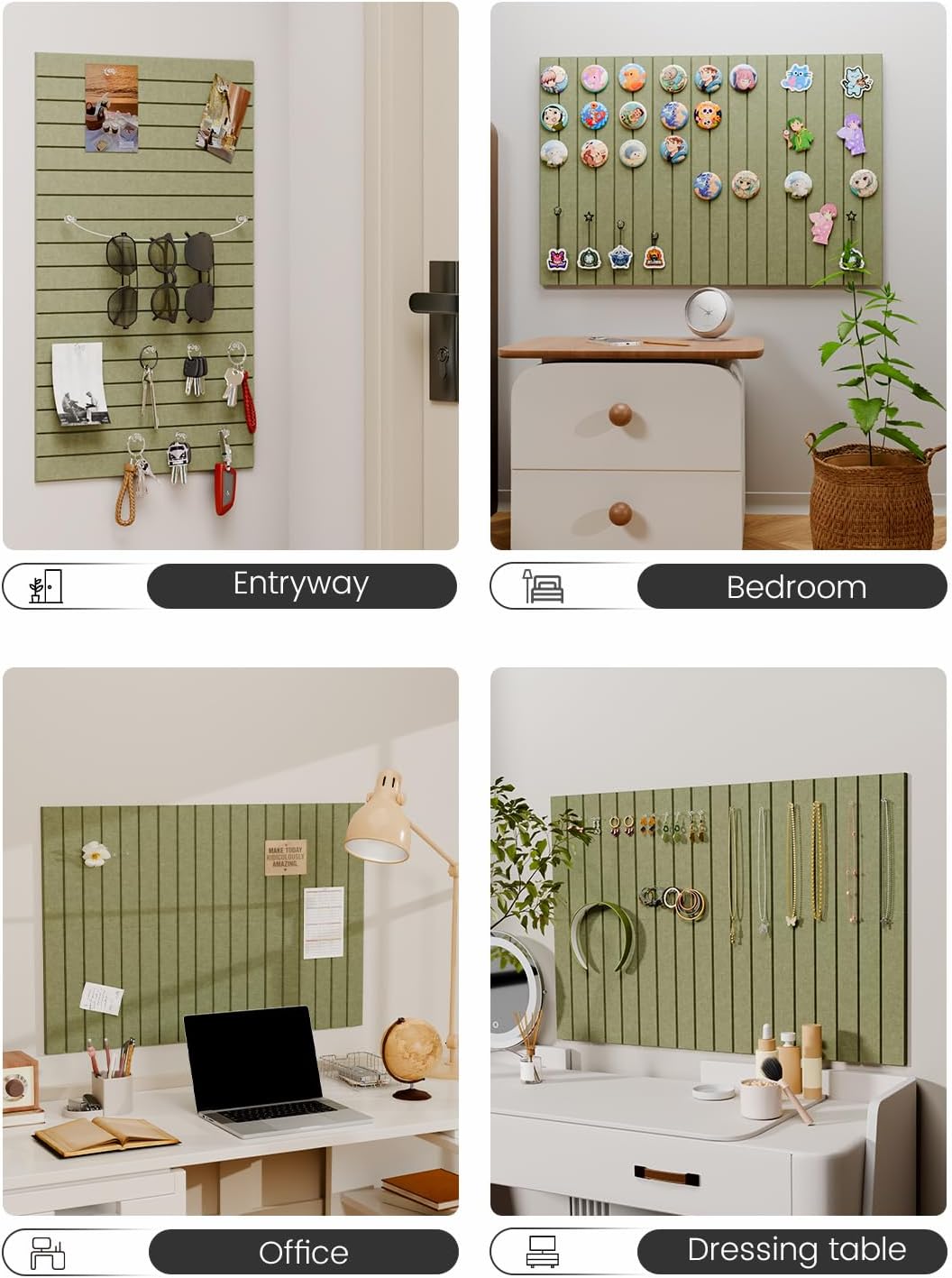 Felt Bulletin Board Tiles -28"x18" with 40 Adhesive Tabs, Cork Board Alternative for Office Decor, Push Pin Board Wall Organizer 6-Pack (Olive Green)