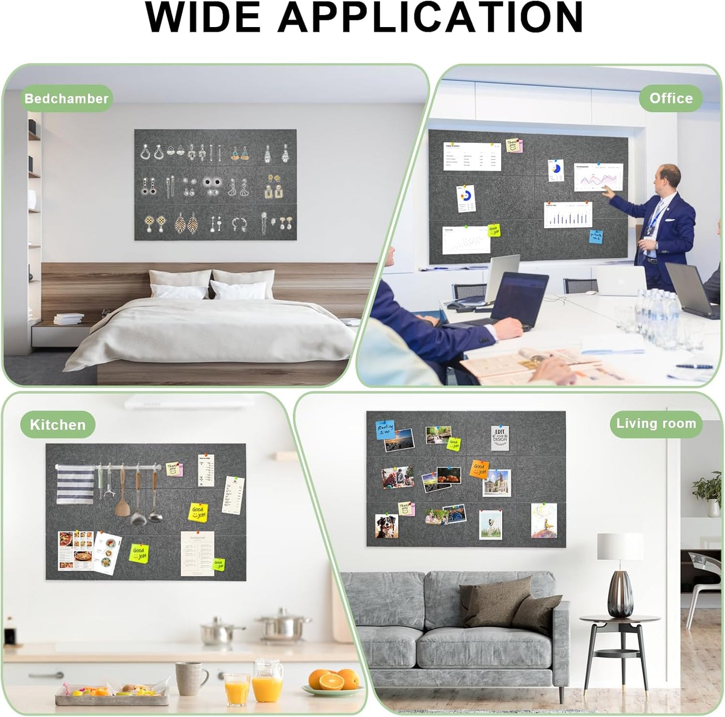 Large Cork Board for Wall 12 Pack, Bulletin Board 48" X 36", Felt Board Wall Tiles with 72 Damage-Free Removable Pads & Push Pins, Alternative Pin Board Cork Board for Office Home, Dark Grey