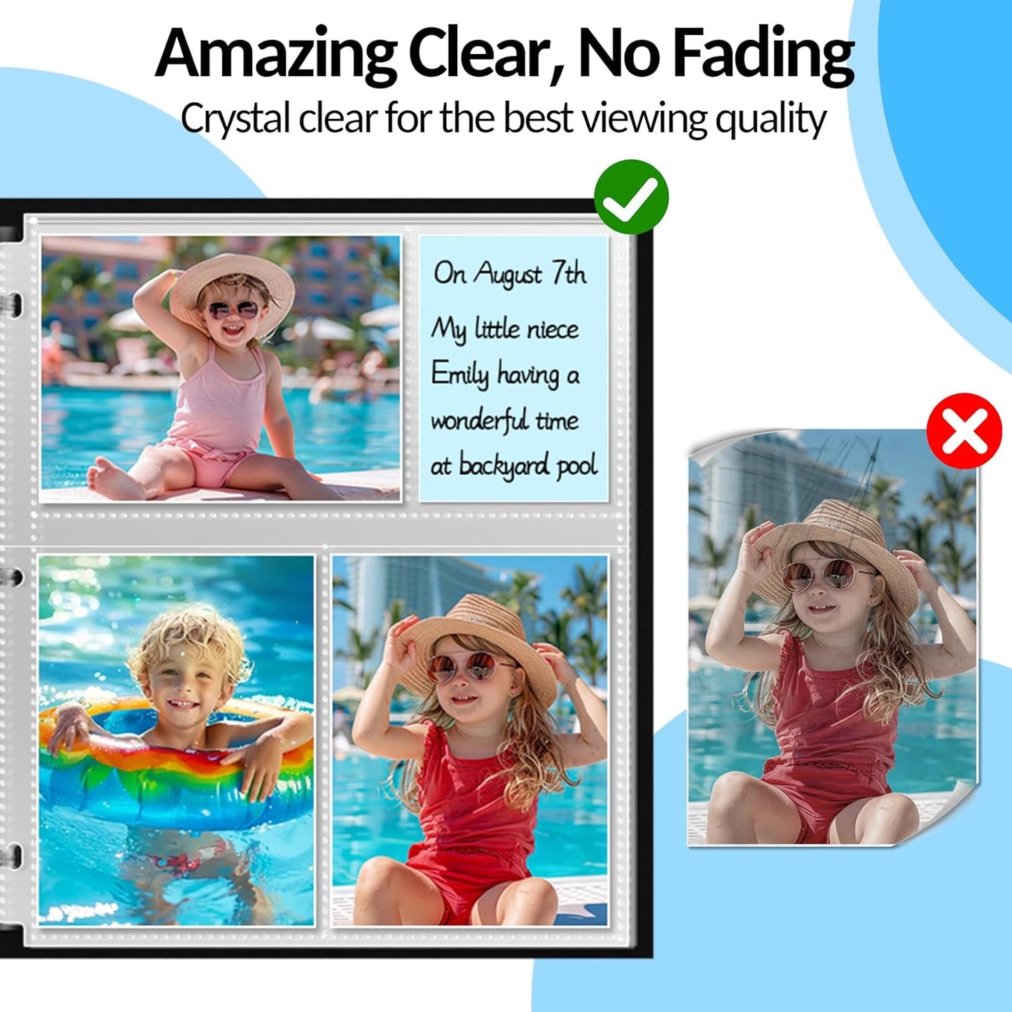 100 Pack 4x6 Photo Sleeves for 3 Ring Binder - 600 Photos, Clear Album Refill Pages, Acid Free Plastic Archival Protector Sleeves, Pages Sheets for 8.5x11 Binder