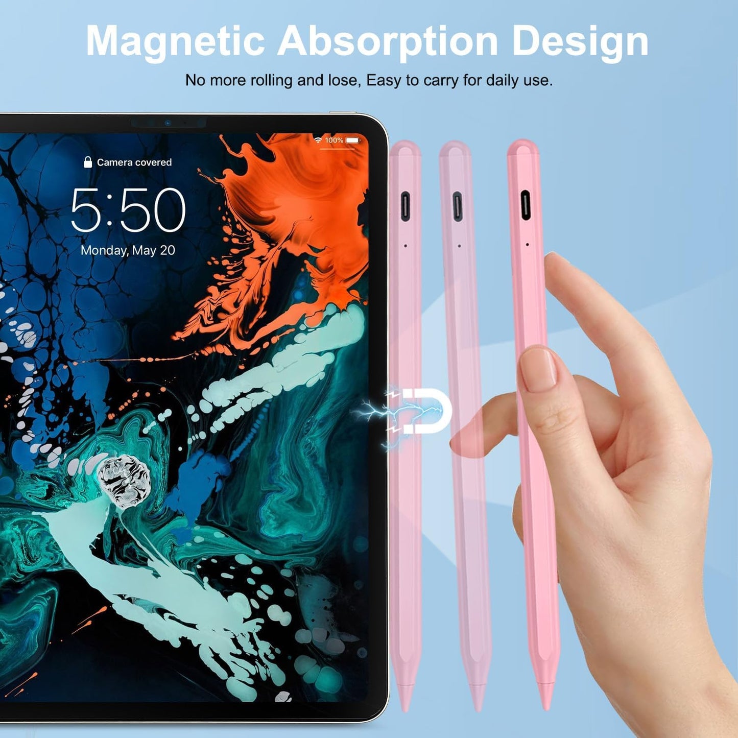Stylus Pen for iPad Apple: Fast Charge for iPad Pencil Apple Pen with Palm Rejection Tilt Sensitivity - Pen for i-Pad 10/9/8/7/6, iPad Pro 12.9"/11"/13" M4, iPad mini 6/5, iPad Air 5/4/3/M2 Pink